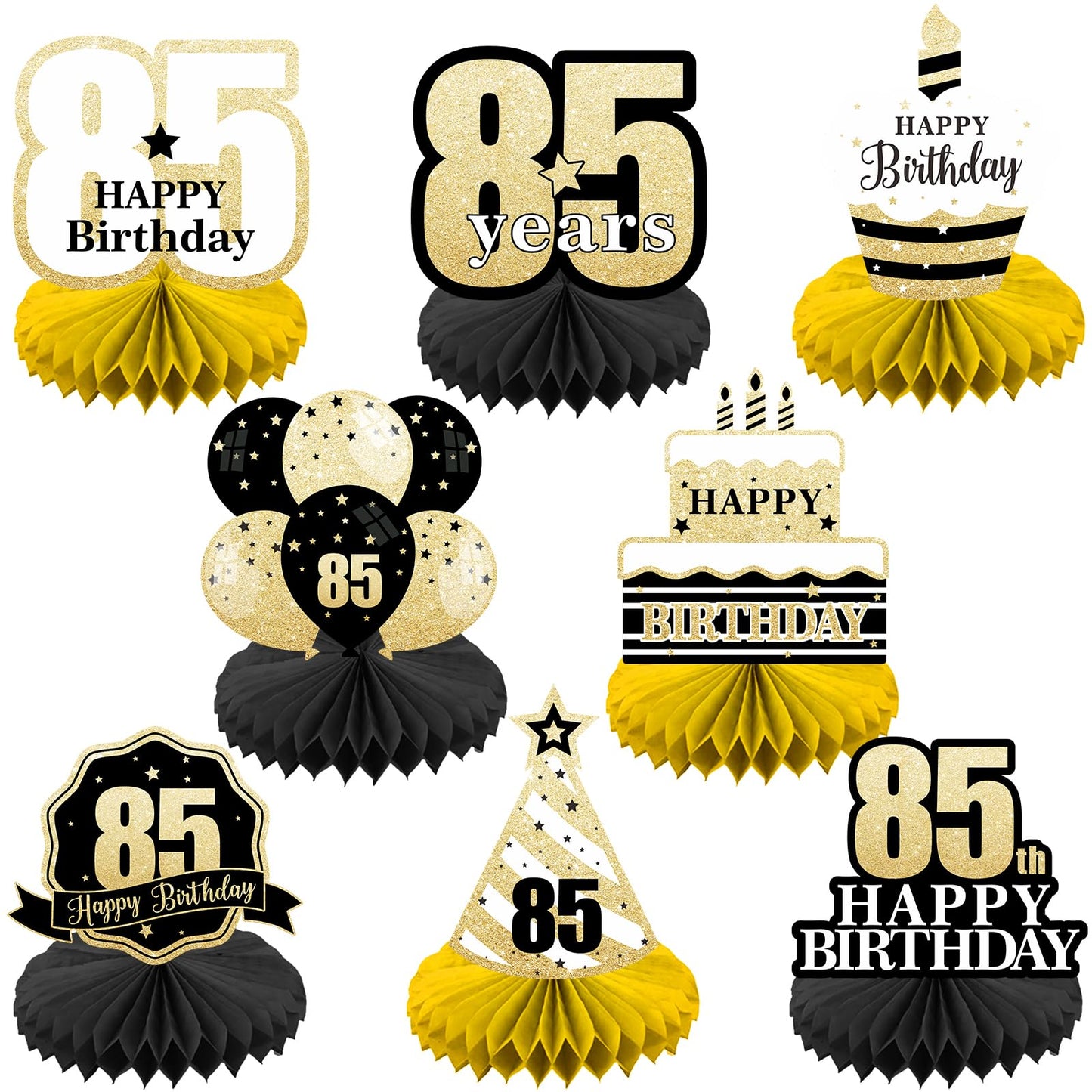 Happy 85th Birthday Honeycomb Centerpieces 8 Pieces Black Gold Theme 85th Birthday Tables Decorations Cheers to 85 Years Centerpieces for Men Girls