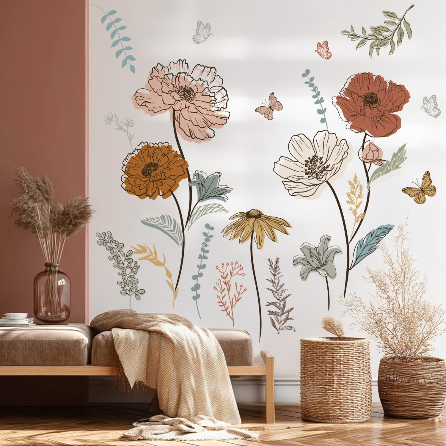 Large Boho Flower Wall Decals, Floral Grass and Butterfly Wall Stickers for Bedroom Living Room Decor Gifts for Mom