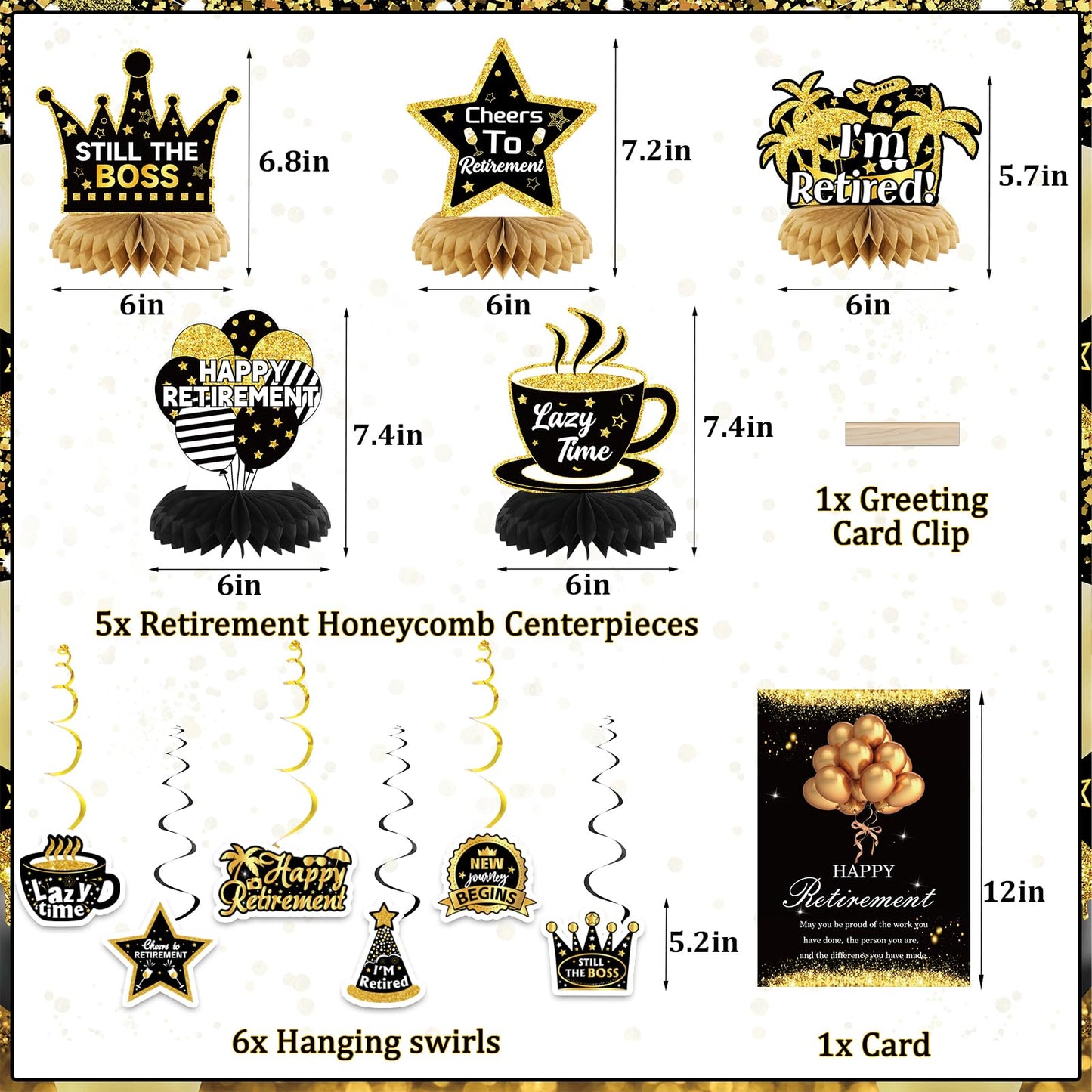 Happy Retirement Party Decorations for Men and Women - Black and Gold Banner, Backdrop Card, Sash, Hanging Swirls, Foil Balloons, Honeycomb