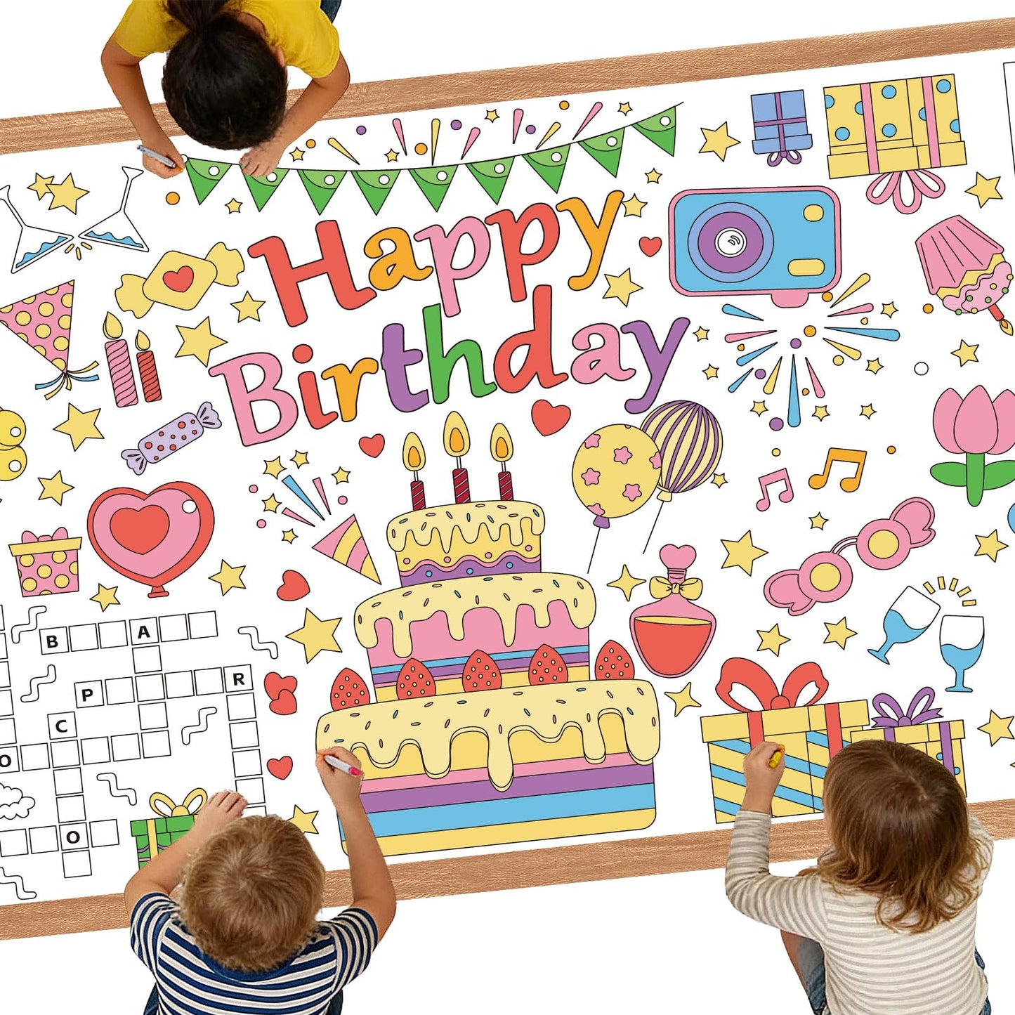 Hayfige Happy Birthday Giant Coloring Tablecloth Poster for Kids - 30 x 72 Inch Versatile Birthday Activity Paper Banner Poster Table Cover Crafts