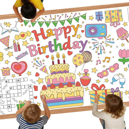 Hayfige Happy Birthday Giant Coloring Tablecloth Poster for Kids - 30 x 72 Inch Versatile Birthday Activity Paper Banner Poster Table Cover Crafts
