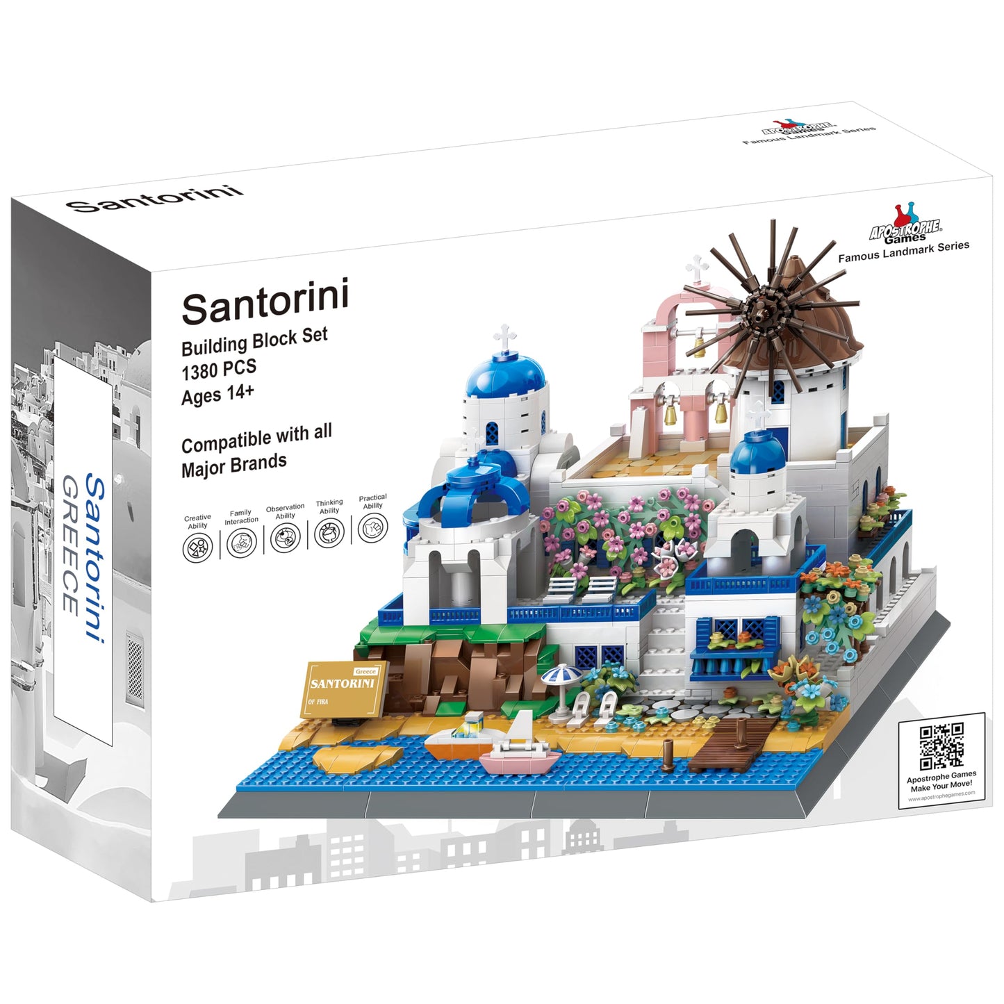 Apostrophe Games Santorini Building Block Set - 1380 Pieces - Model Building Blocks for Adults and Kids - Greece's Island Architecture Kit Famous