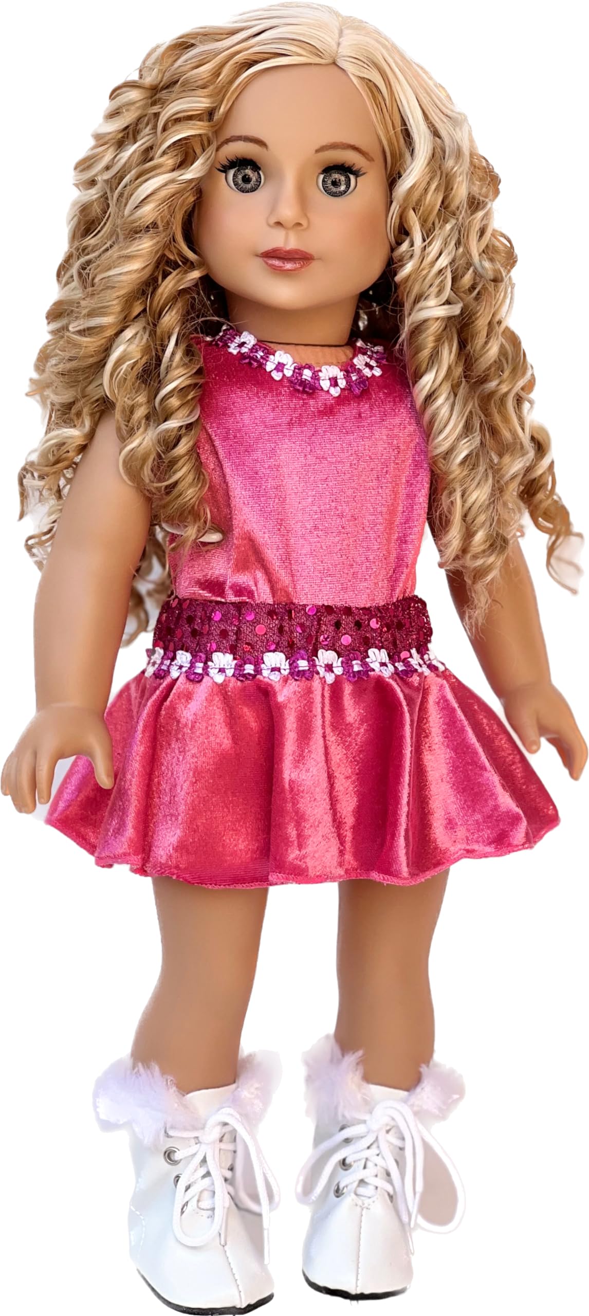 Ice Skating Girl - 4 Piece Ice Skating Outfit for 18 Inch Doll - Pink Leotard with Skirt, White Warmup Sweater and White Ice Skates - 18 Inch Doll