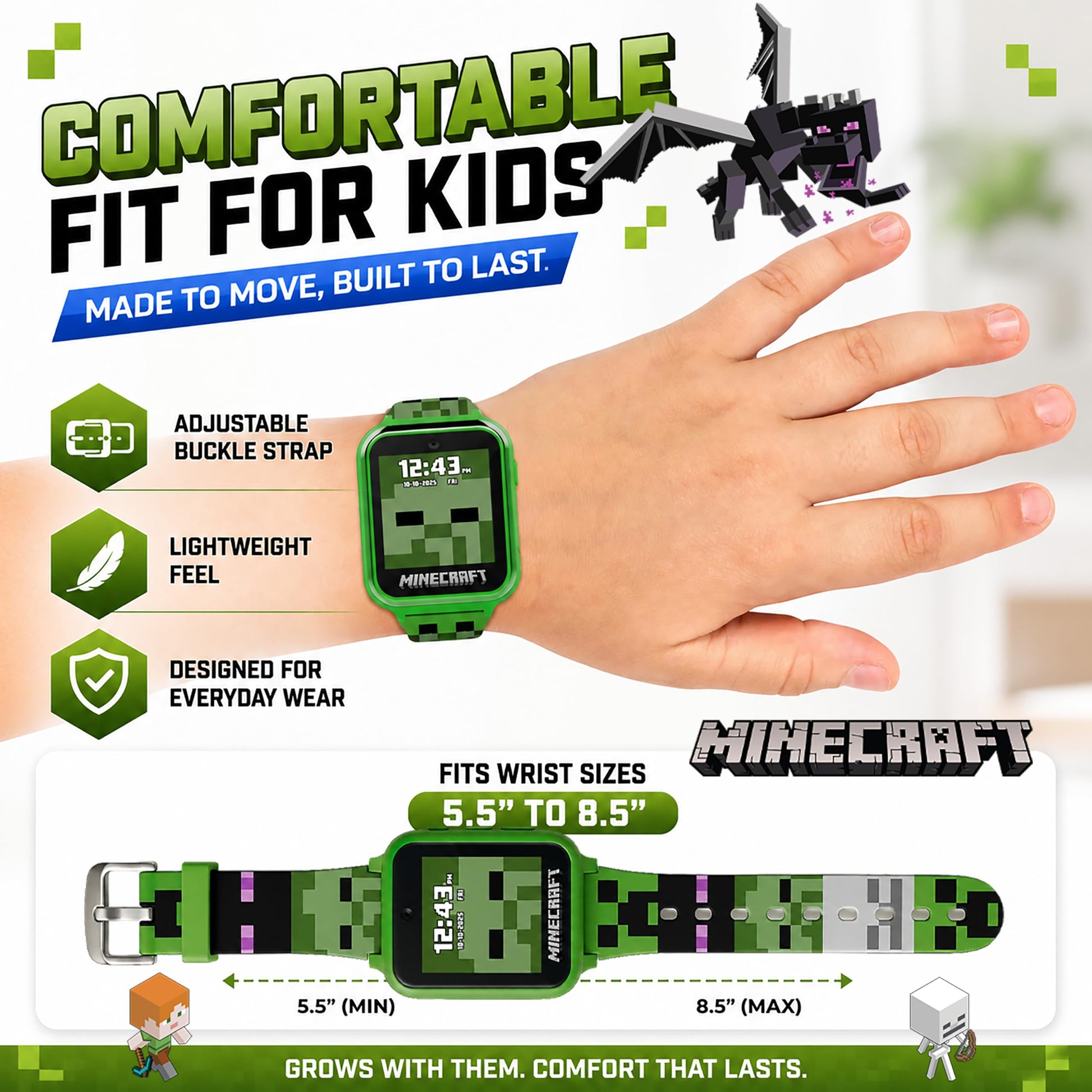 Minecraft Kids Smartwatch - Interactive LED Screen Watch with 10 Custom Watch Faces, Games, Camera, Alarm, Step Tracker & More - Fun Tech Gift