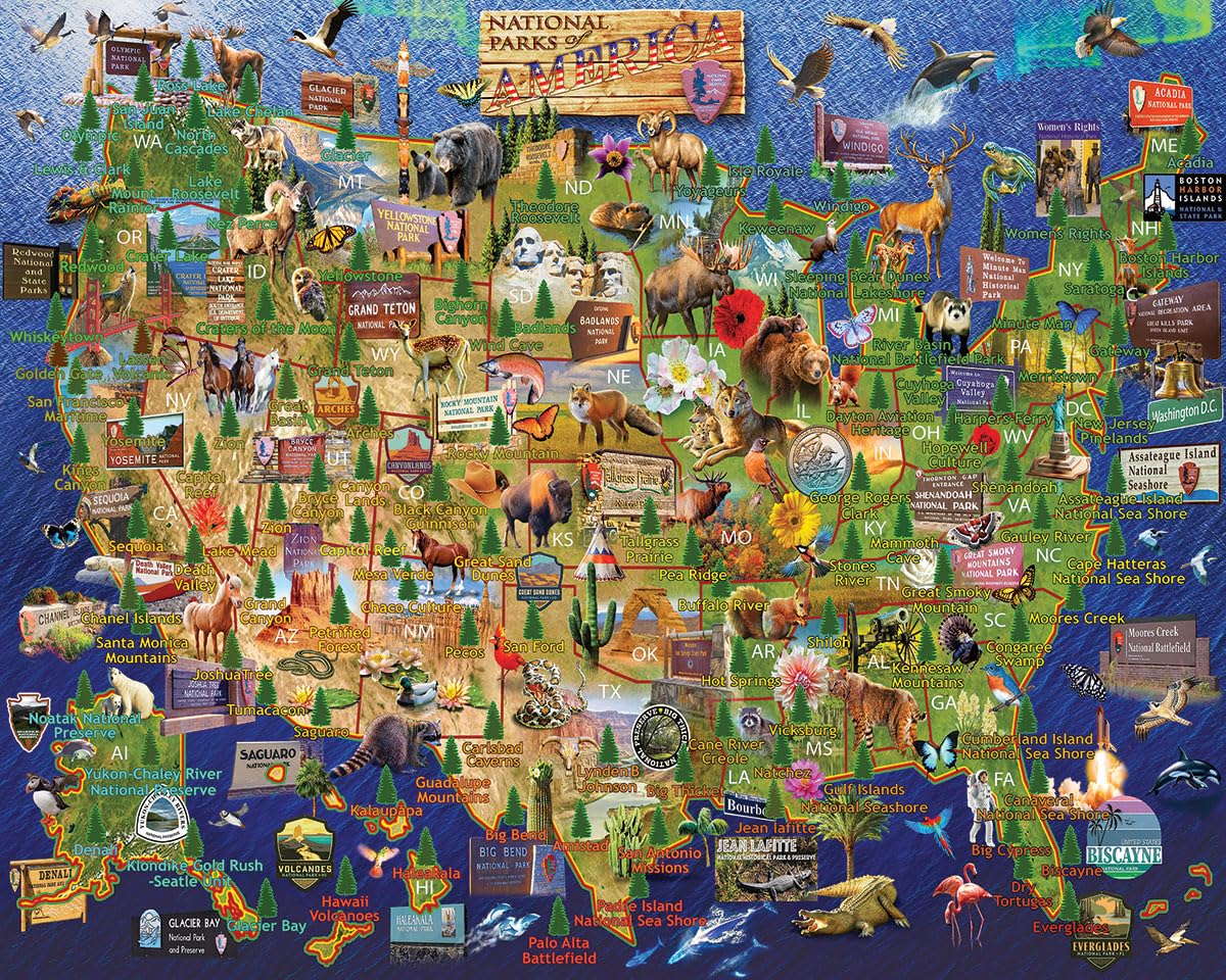 White Mountain 1000 Piece Jigsaw Puzzle USA State, National Parks Map