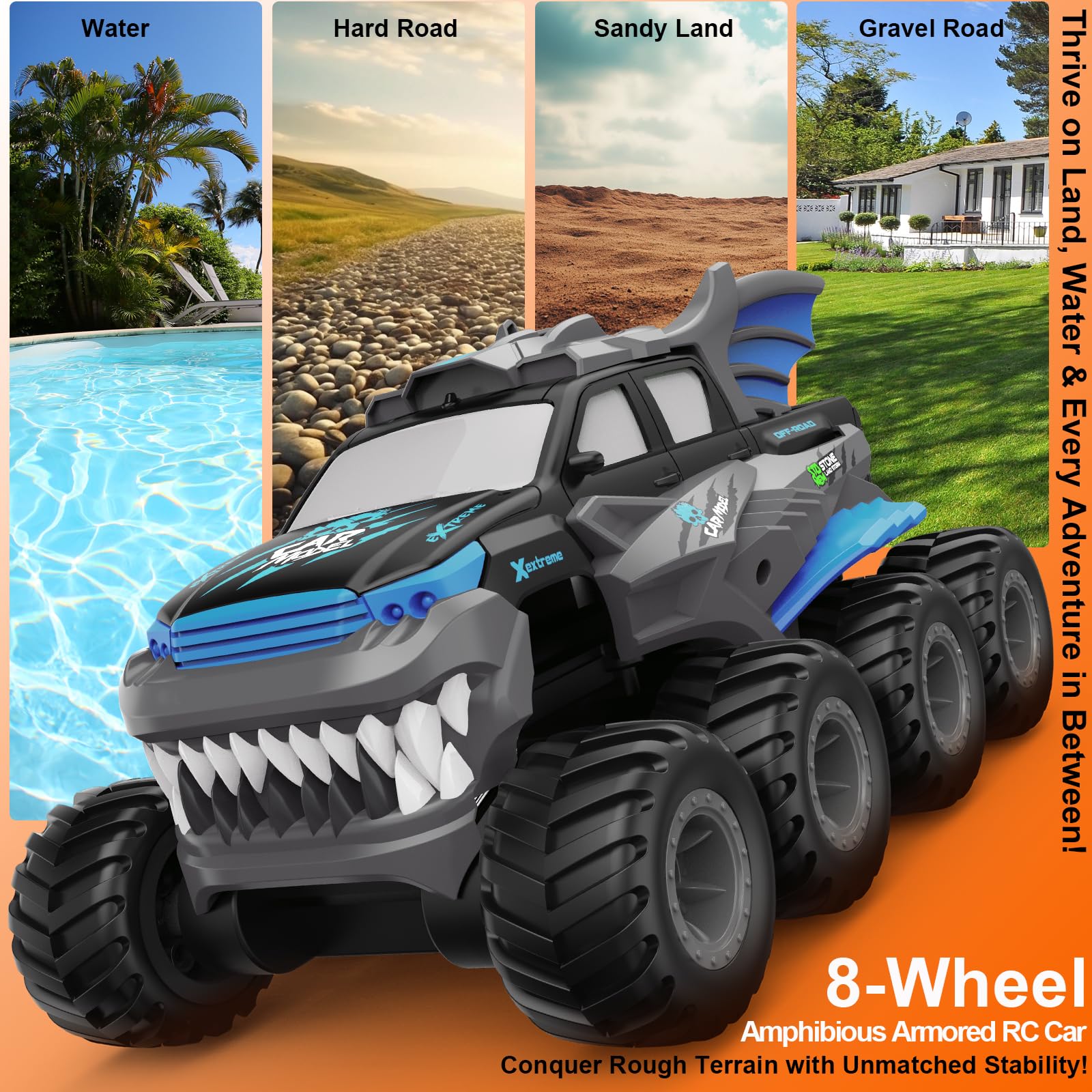 UFULMN Amphibious Remote Control Car 8WD RC Monster Truck for Boys Age 8-12 Offroad Waterproof RC Pickup All Terrain RC Drift Cars Beach Pool Toys