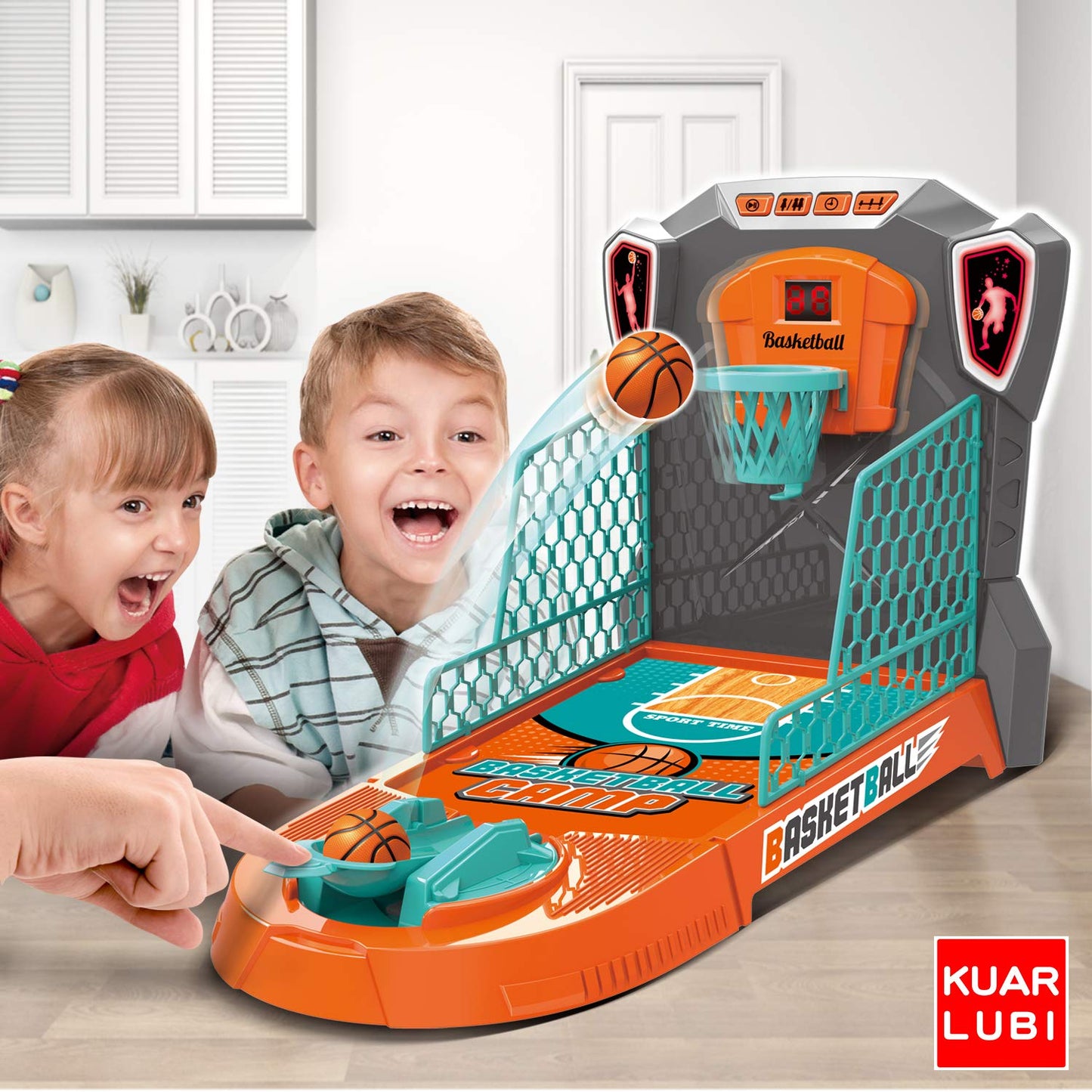 KUARLUBI Basketball Shooting Game Toy, Desktop Table Basketball Games Set with Basketball Court, Move Basket, Light and Score Fun Sports Novelty Toy