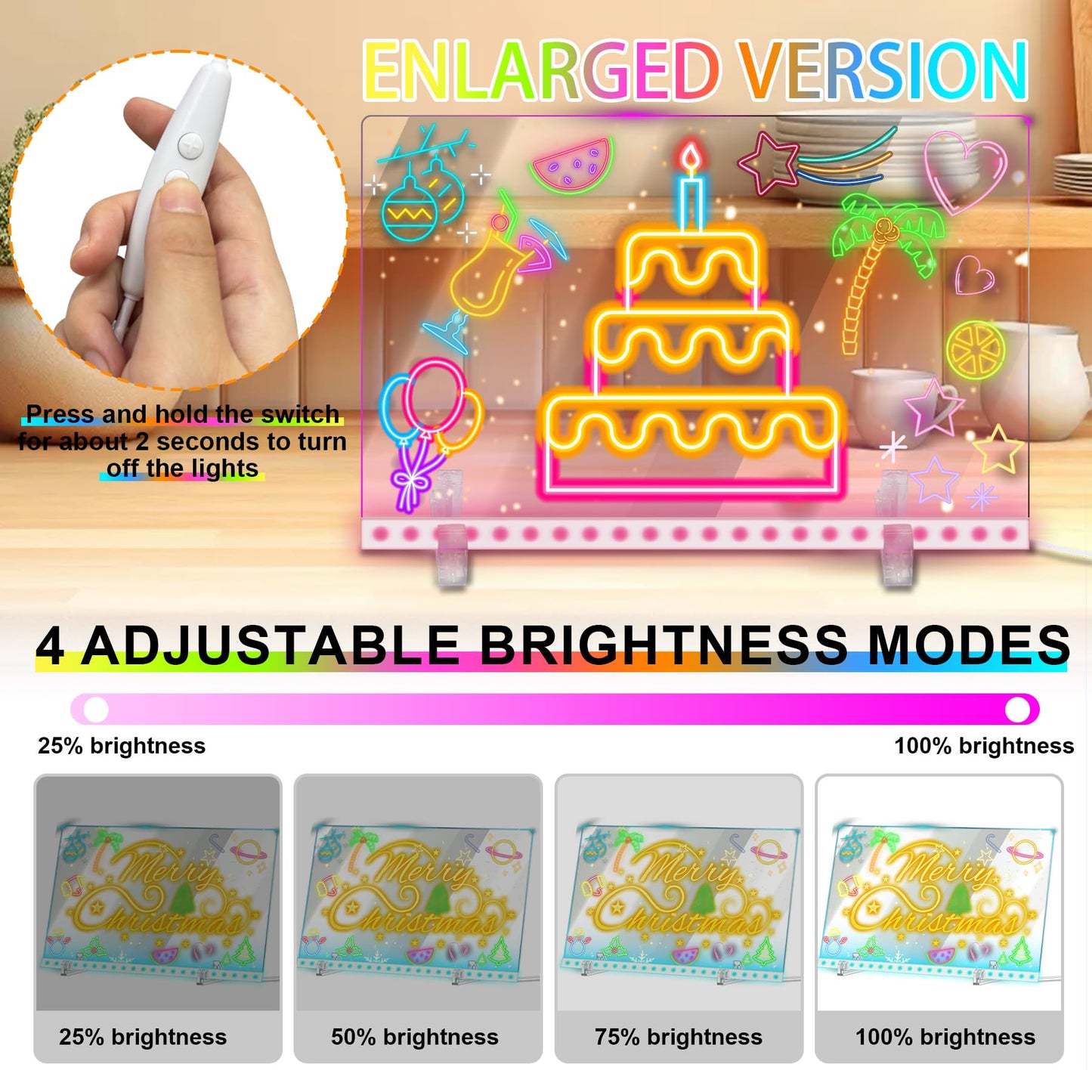 LED Drawing Board with Colors, 14x10'' 3 Modes & 7 Color-Lighting Acrylic Dry Erase Board Glow, Light Up Led Note Board with Stand and 7 Markers, Led