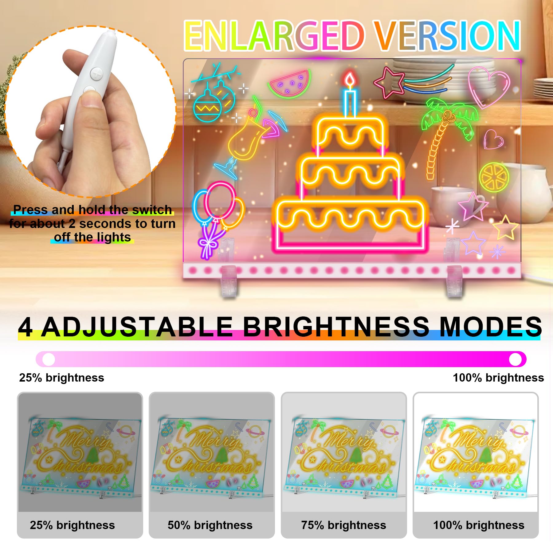 LED Drawing Board with Colors, 14x10'' 3 Modes & 7 Color-Lighting Acrylic Dry Erase Board Glow, Light Up Led Note Board with Stand and 7 Markers, Led