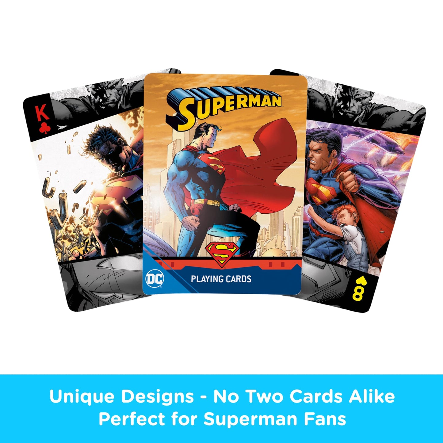 Aquarius DC Comics Superman Playing Cards Standard Size - Themed Novelty Deck with 52 Unique Superhero Designs in Decorative Embossed Tin