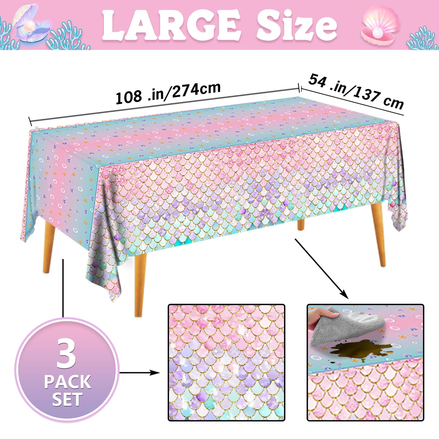 JQSSHXB Mermaid Tablecloths 3 Pack Disposable Plastic Birthday Party Favors (Fish Scale)