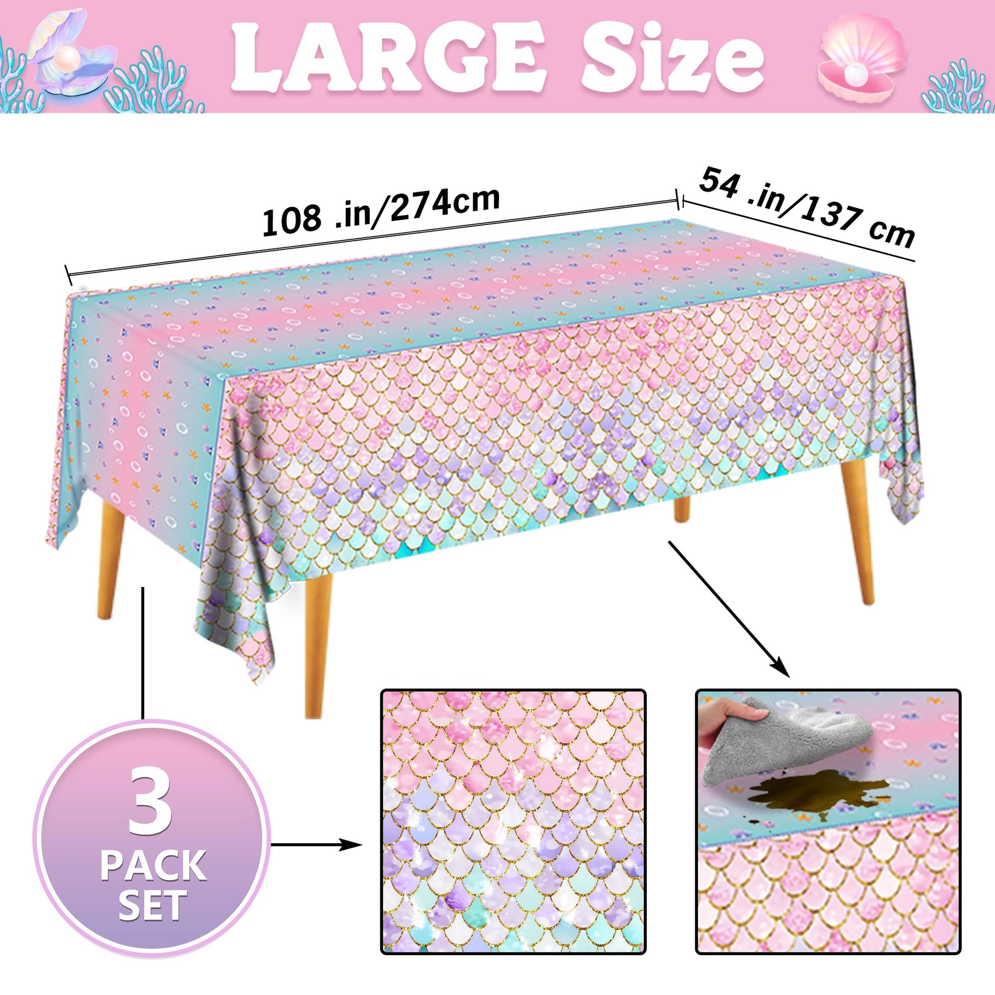 JQSSHXB Mermaid Tablecloths 3 Pack Disposable Plastic Birthday Party Favors (Fish Scale)