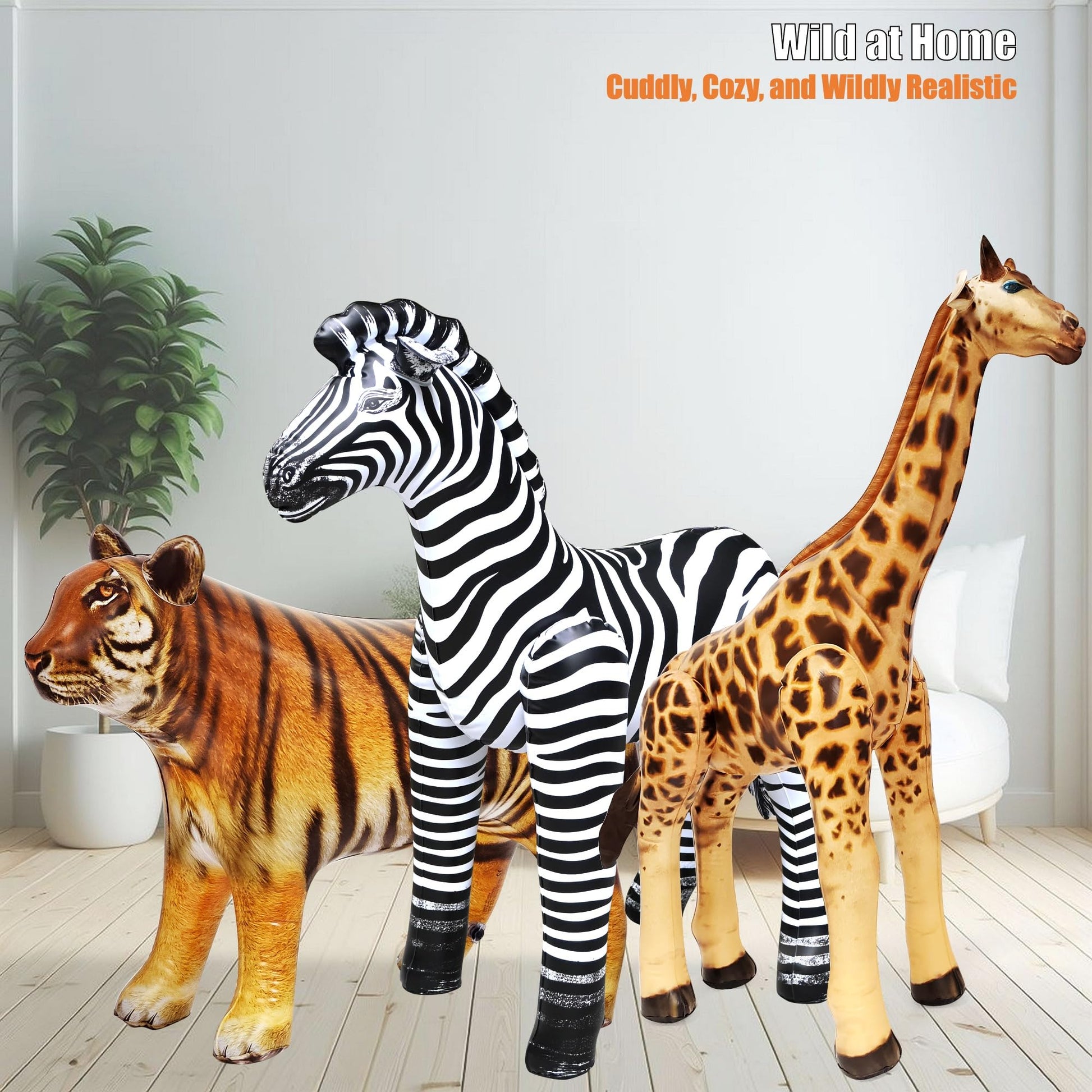 Jet Creations Wildlife Safari Inflatable Animals 3-Pack - Giraffe 36", Zebra 32", Tiger 20" - Jungle Theme Party, Halloween & Fall Decorations, VBS