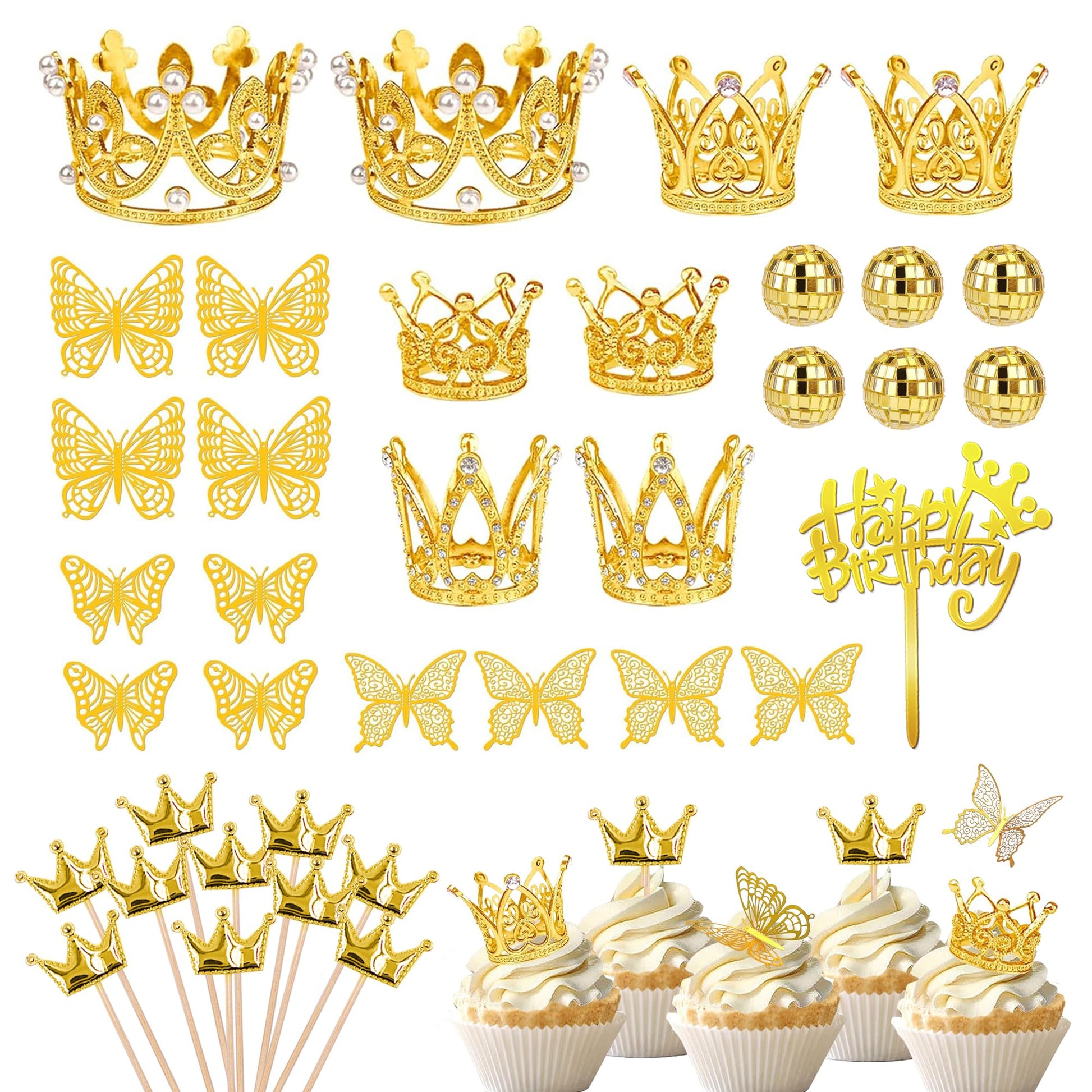 37 PCS Crown Cake Topper Mini Gold Crown Butterfly Disco Ball Decorations for Women Wedding Birthday Supplies (Gold)