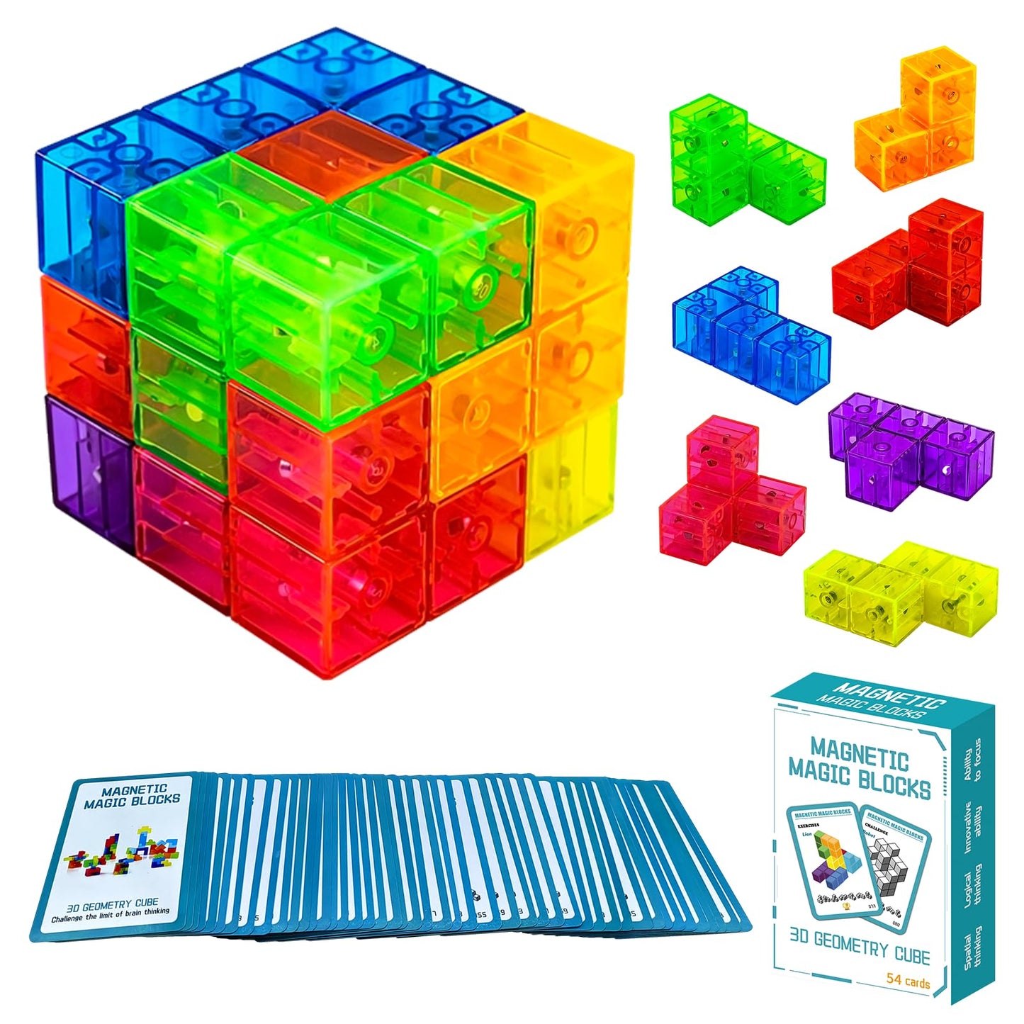 OUXIA Magnetic Building Blocks Magic Magnetic 3D Puzzle Cubes, Set of 7 Multi Shapes Magnetics Blocks with 54 Guide Cards, Children's Educational Toys