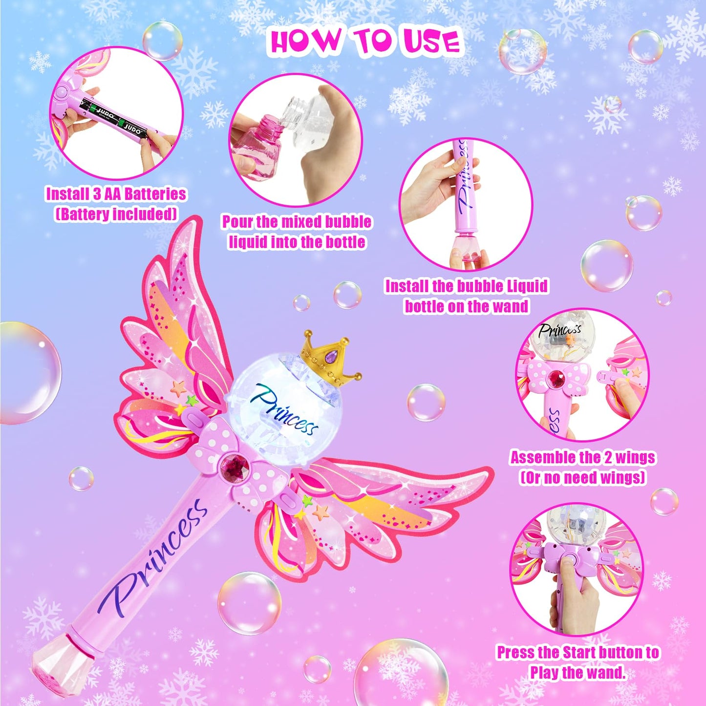 Princess Bubble Wand,Bubble Machine for Kids Girls,Music & Light Up Bubble Blower,Bubble Maker,Outdoor Party Birthday Bubble Toy for Toddlers,Gift