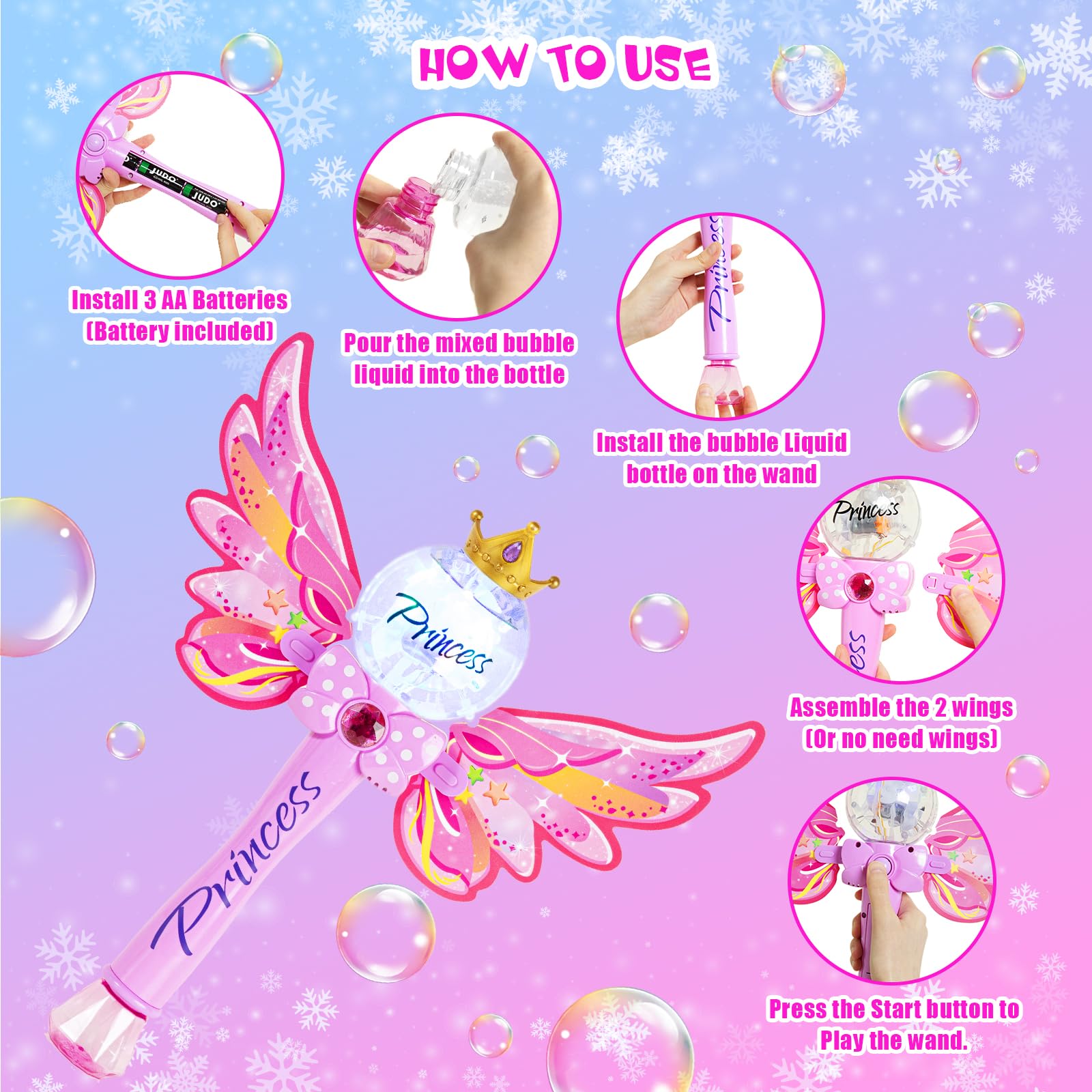 Princess Bubble Wand,Bubble Machine for Kids Girls,Music & Light Up Bubble Blower,Bubble Maker,Outdoor Party Birthday Bubble Toy for Toddlers,Gift