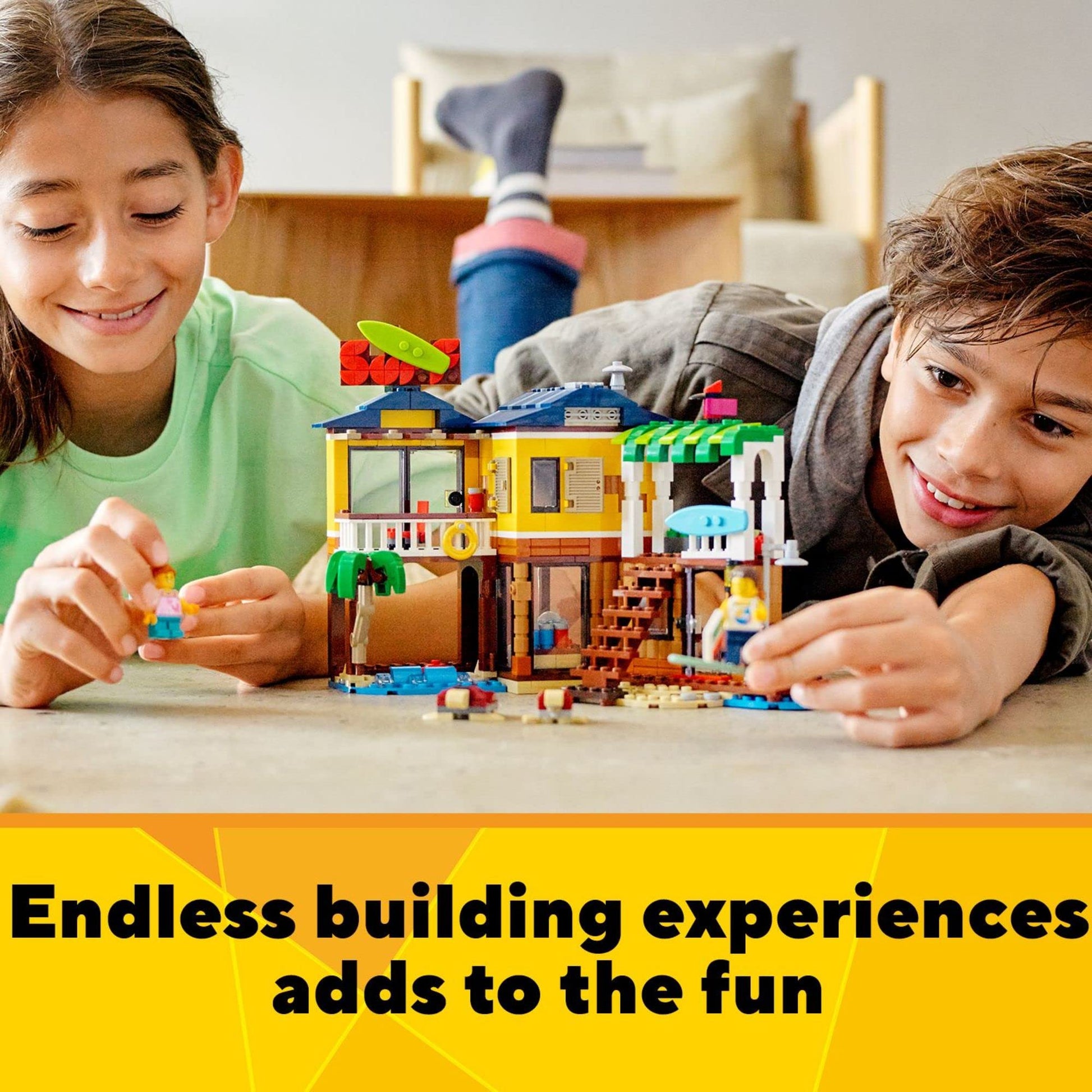 LEGO Creator 3 in 1 Surfer Beach House with 2 Minifigures and Dolphin Figure, Transforms from Surf Shack to Lighthouse to Pool House, Great Building