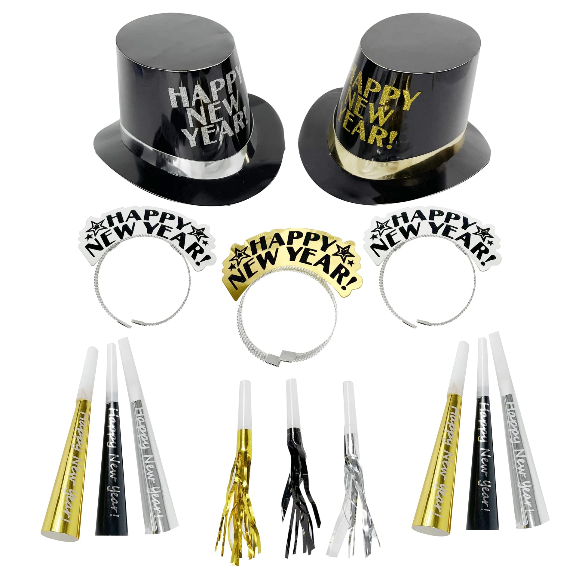 4E's Novelty 20 Pcs New Years Eve Party Supplies 2026- Includes 5 Black Gold New Years Eve Hats, 5 Tiaras, & 10 New Years Eve Noise Makers, Happy New
