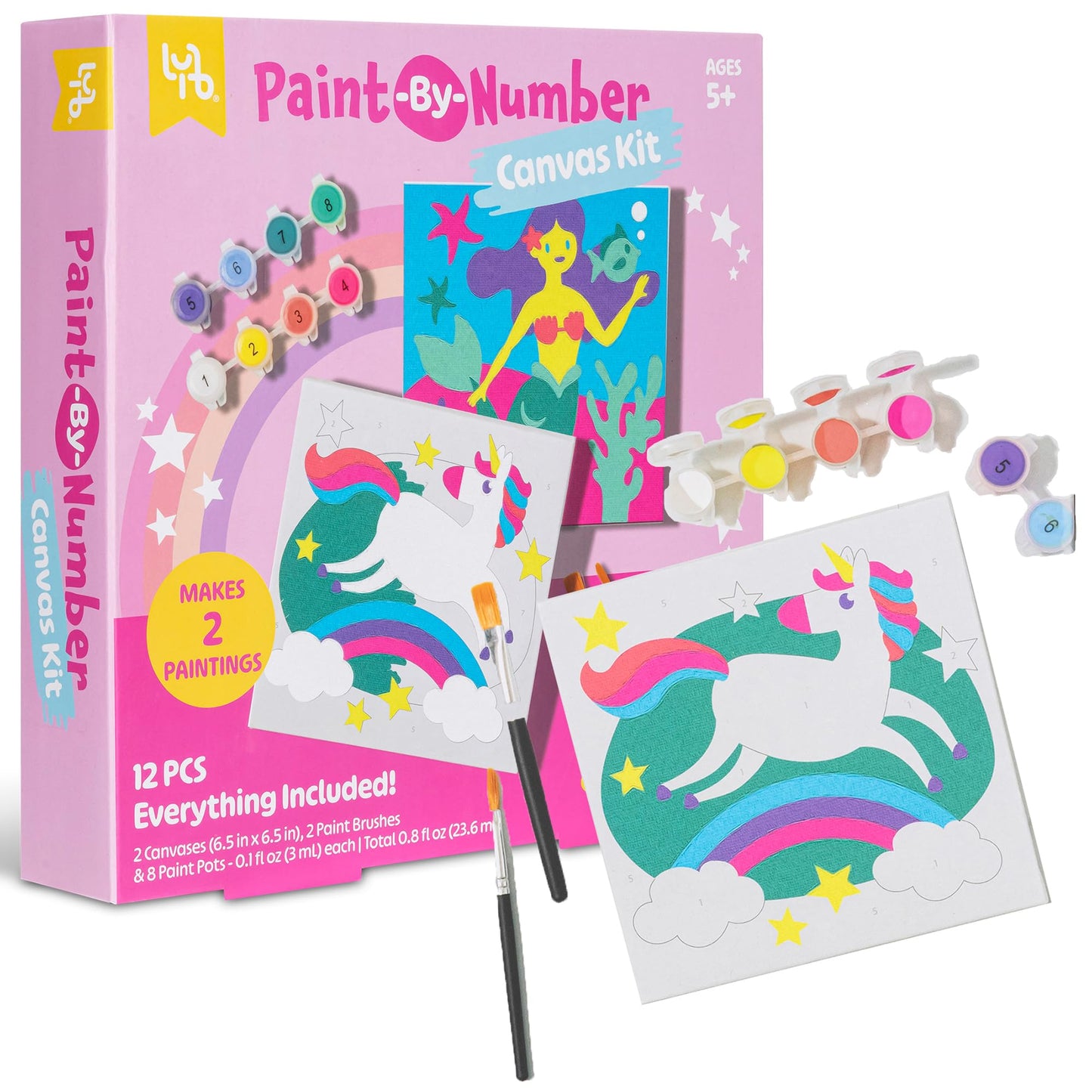 Little Yellow Bicycle: Unicorn & Mermaid Paint-By-Number Canvas Kit - All-in-1 Art Set, Magical Paintings, 8 Non-Toxic Paint Pots, 2 Brushes, Kids 5+