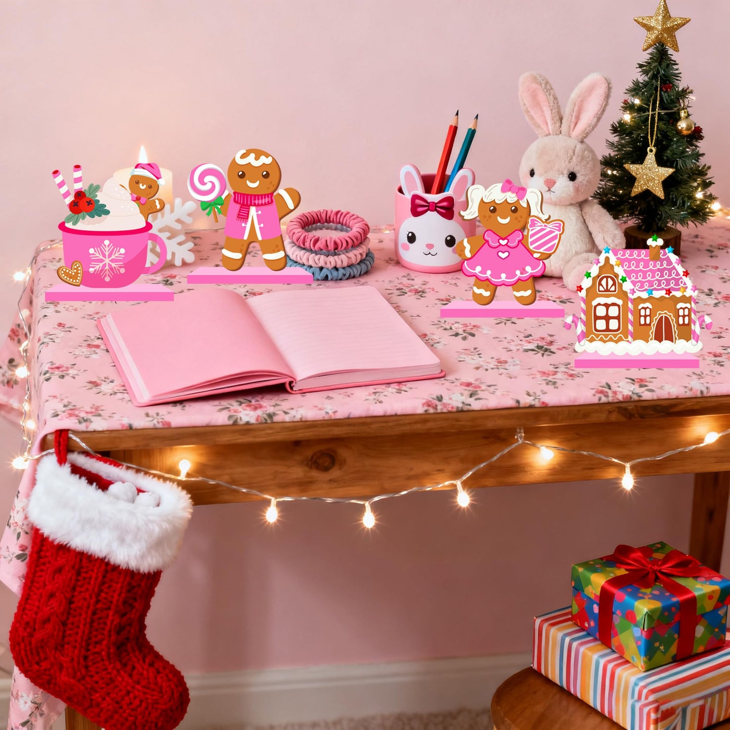 Gingerbread Man Decorations Wood Table Centerpiece Pink Christmas Table Decorations for Xmas Dinner Party Decor