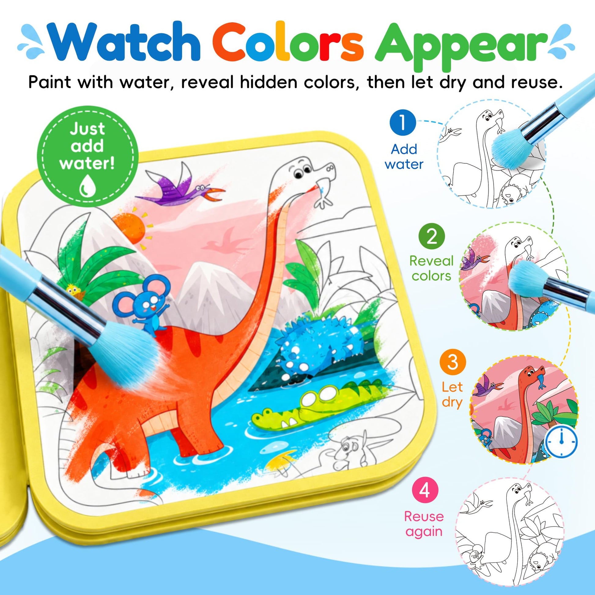 Timetome Water Coloring Book for Kids, 3 Pack Fairy Tale Animal Dinosaur Water Painting Book for Toddlers 1-3, Reusable Water Doodle Book, Montessori