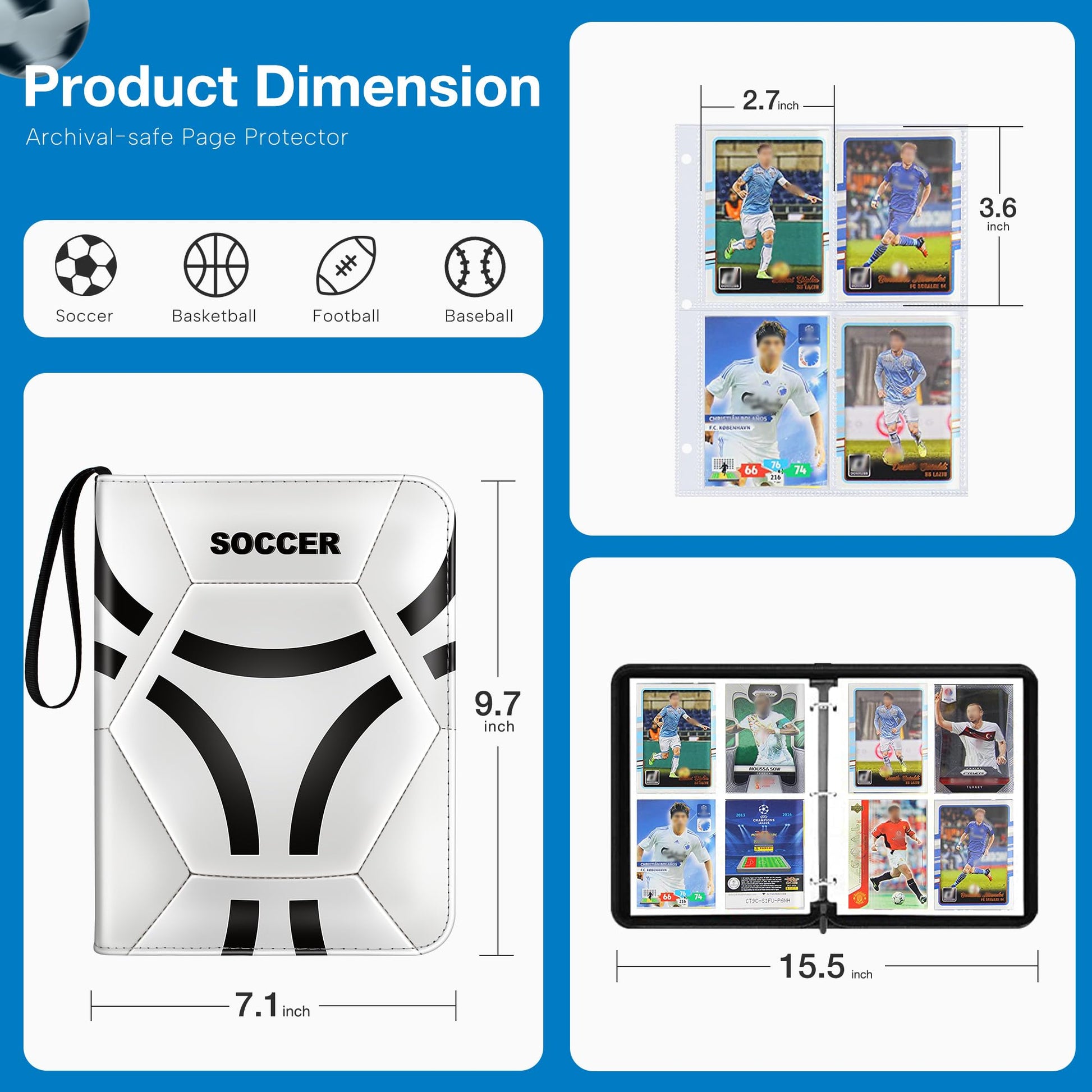 Lalasu Soccer Card Binder, 2025-2026 Soccer Trading Cards Binder with Wristband, 440 Double Sided Pockets Sleeves PU Card Albums Fit for Sports Cards