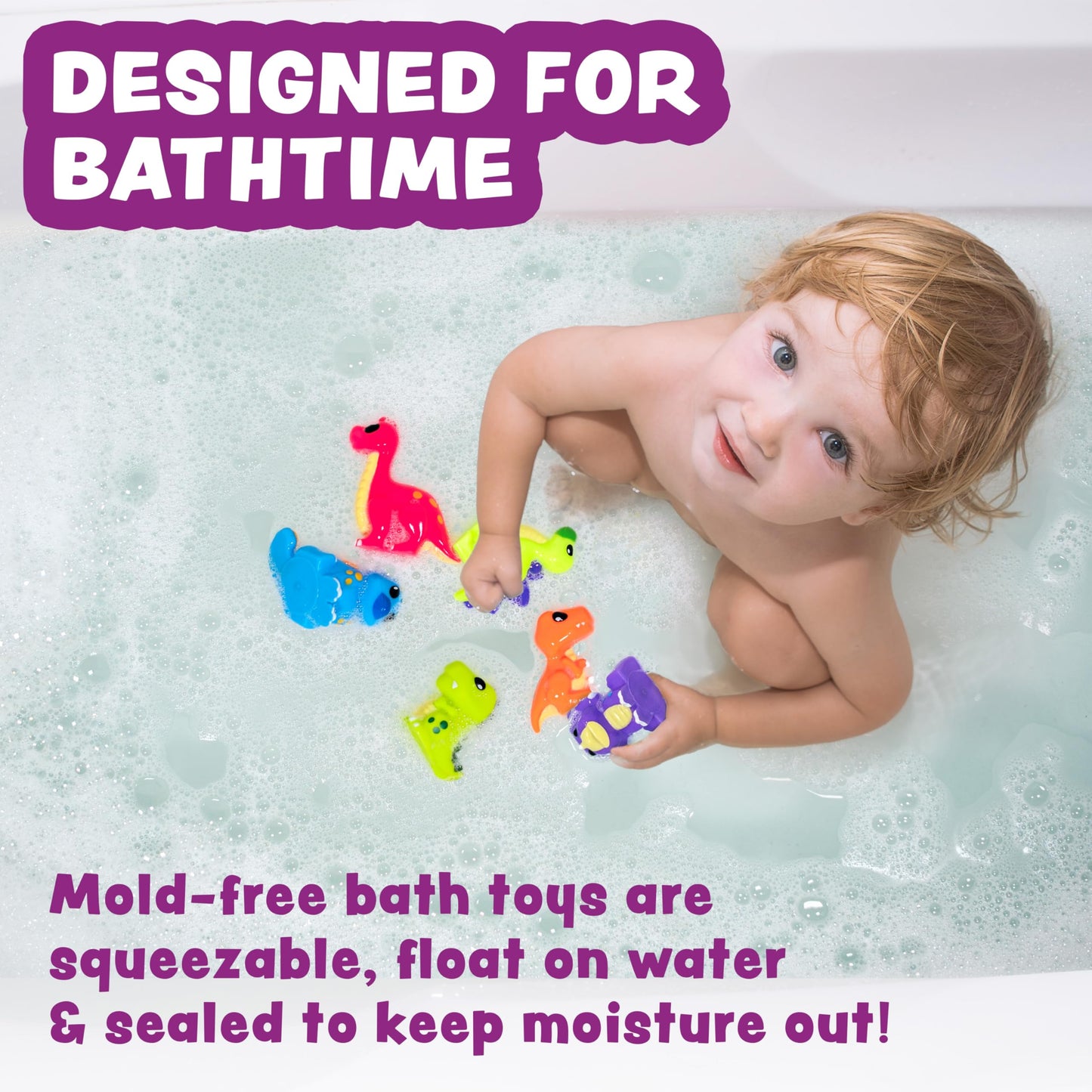 Tub Works® Dinosaur Mold Free Bath Toys, 6 Pack | Sealed, No Hole Bath Toys Design Keeps Moisture Out | Soft, Squeezable & Float on Water | Easy-Grip