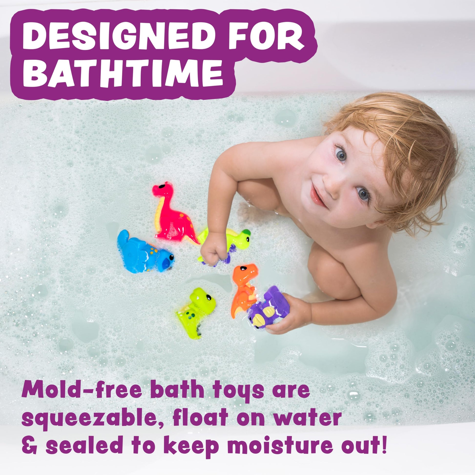 Tub Works® Dinosaur Mold Free Bath Toys, 6 Pack | Sealed, No Hole Bath Toys Design Keeps Moisture Out | Soft, Squeezable & Float on Water | Easy-Grip