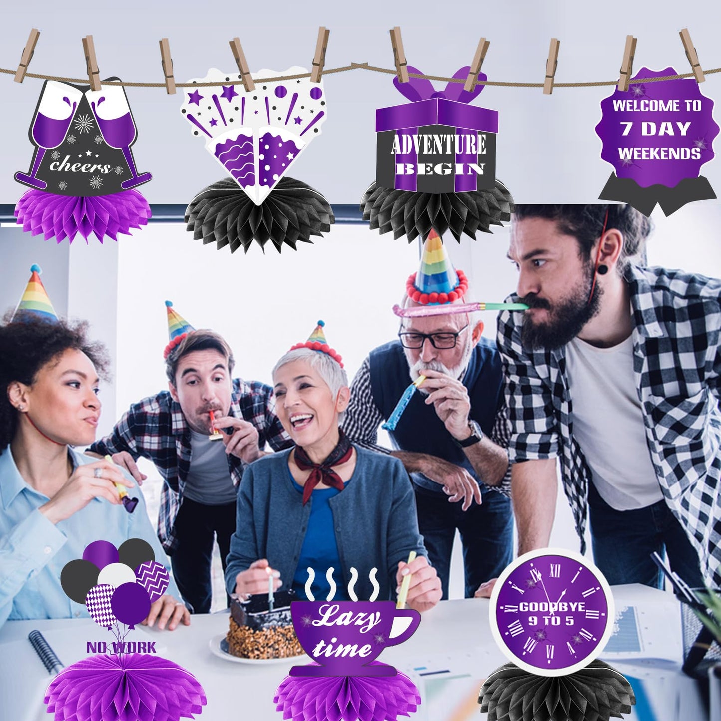 WINPOGEE 9Pcs Purple Black Happy Retirement Decorations Table Honeycomb Centerpieces Party Supplies Adventure Awaits Sign for Men Retired Decor