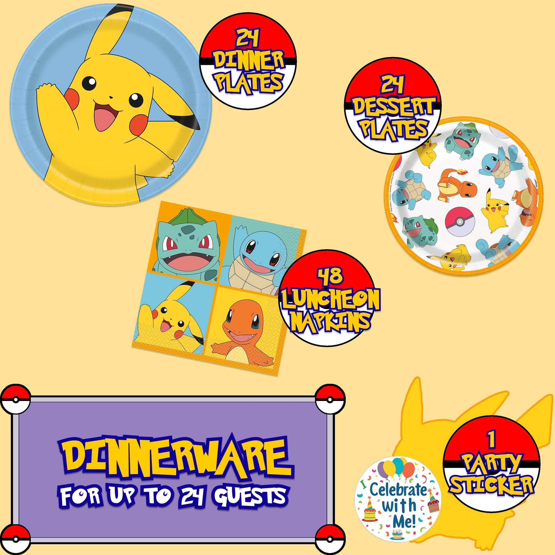 Unique Pokémon Party Supplies | Tableware Mega Party Set | Serves 24 | Officially Licensed | Plates, Napkins | Birthday Party Set For Kids, Boys