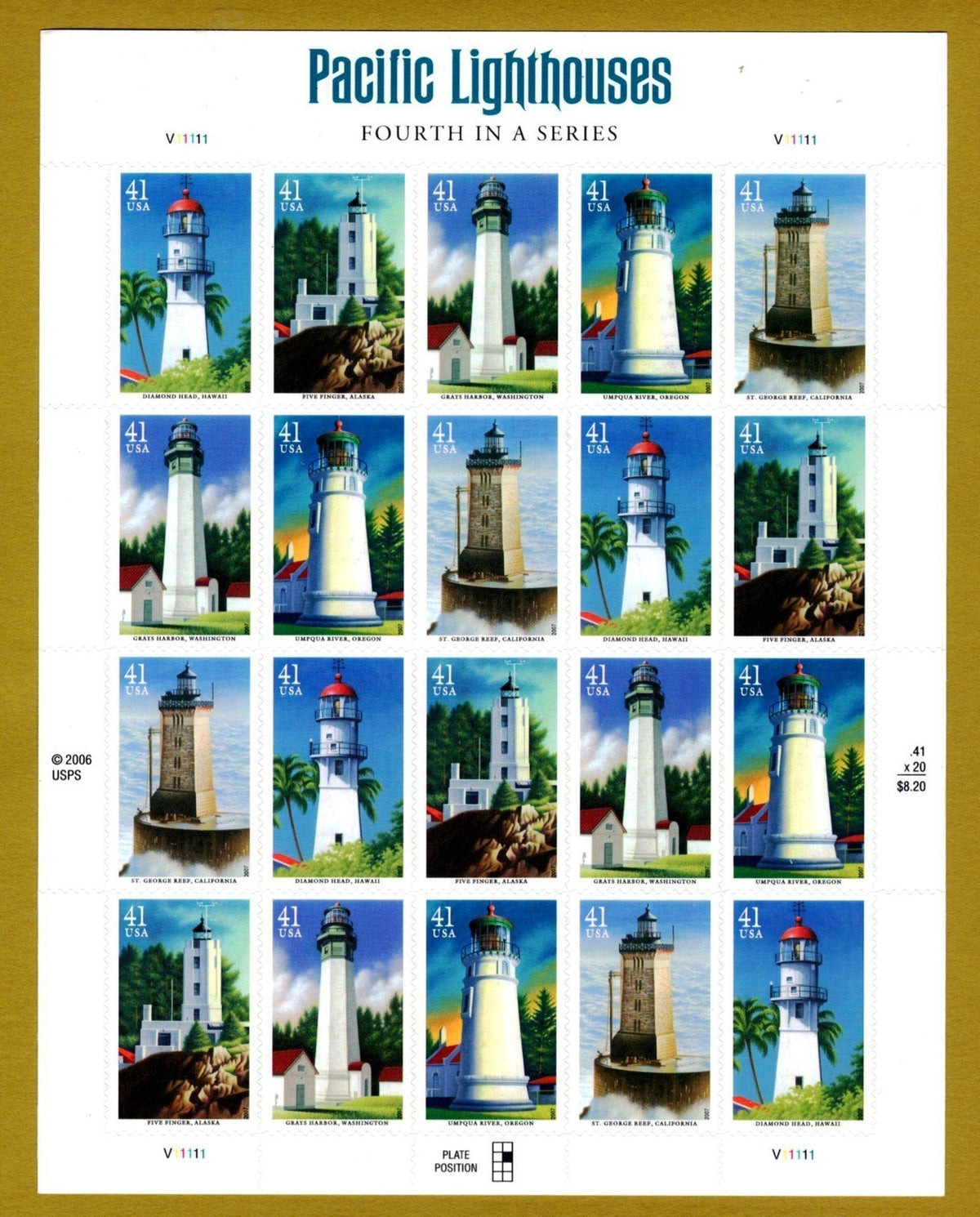 Pacific Lighthouses Sheet of 20 41 Cent Stamps Scott 4146-4150