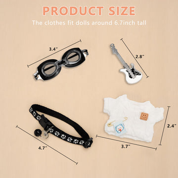Satakara Doll Clothes Set for 17cm (6.7Inch) Dolls - 4-Piece White Outfit with Guitar, Glasses & Necklace, Stylish Clothes for Display