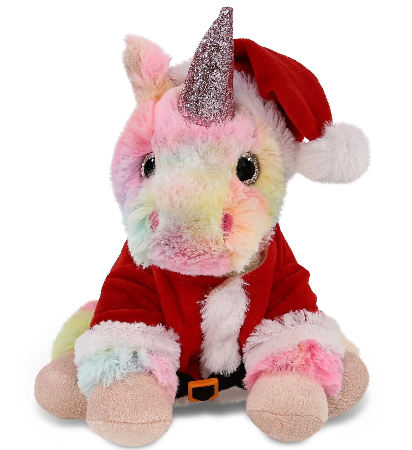 DolliBu Santa Rainbow Unicorn Stuffed Animal Plush Toy - Super Soft Dress Up with Red Santa Claus Outfit, Cute Unicorn Gift Perfect Holiday with Name