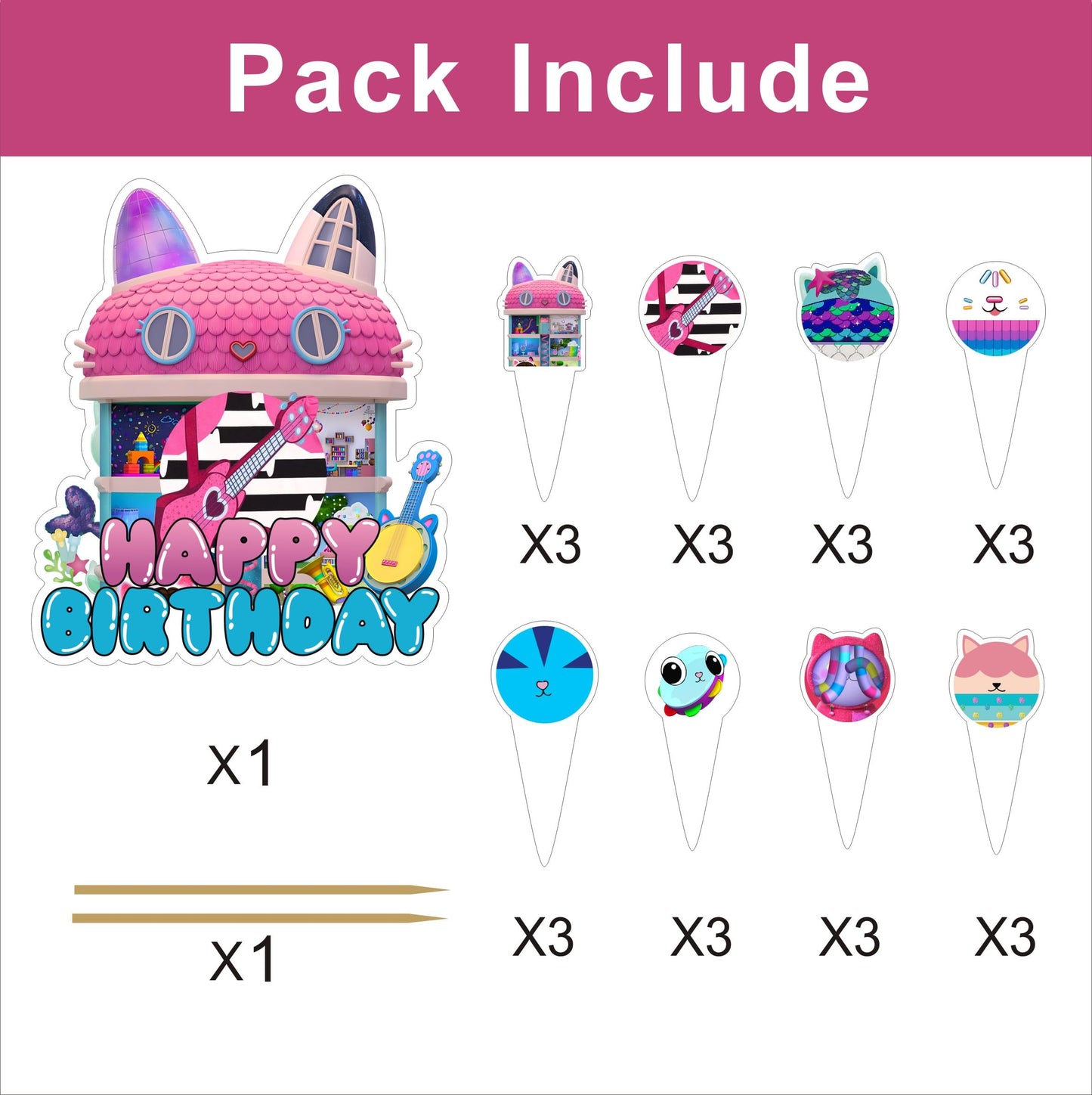 25pcs Cartoon G-B Birthday Decorations with 24pcs Cupcake Toppers, 1pcs Cake Topper for Birthday Party Supplies.