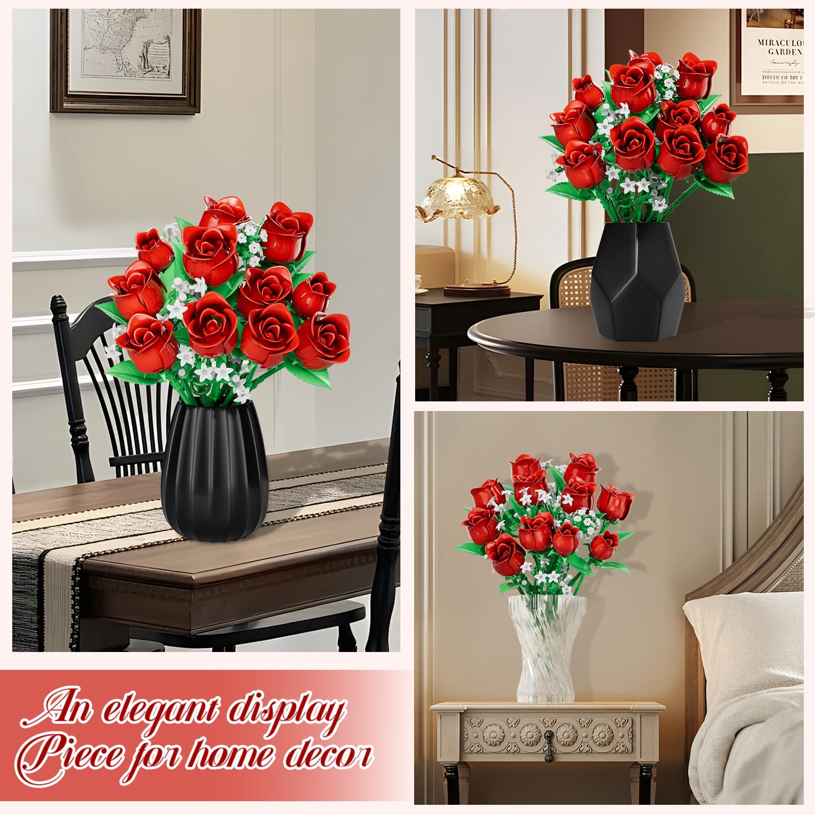 eafzv Roses Flower Bouquet Kit, Red Rose Building Flower Bouquet Kit for Adults & Kids, DIY Artificial Flowers Set for Home Decor, Botanical