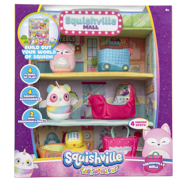 Squishville Squishmallows Mall-Two 2-Inch Mini Plush Characters,Themed Play Scene,4 Accessories (Shopping Bag/Cart,Cash Register,Arcade