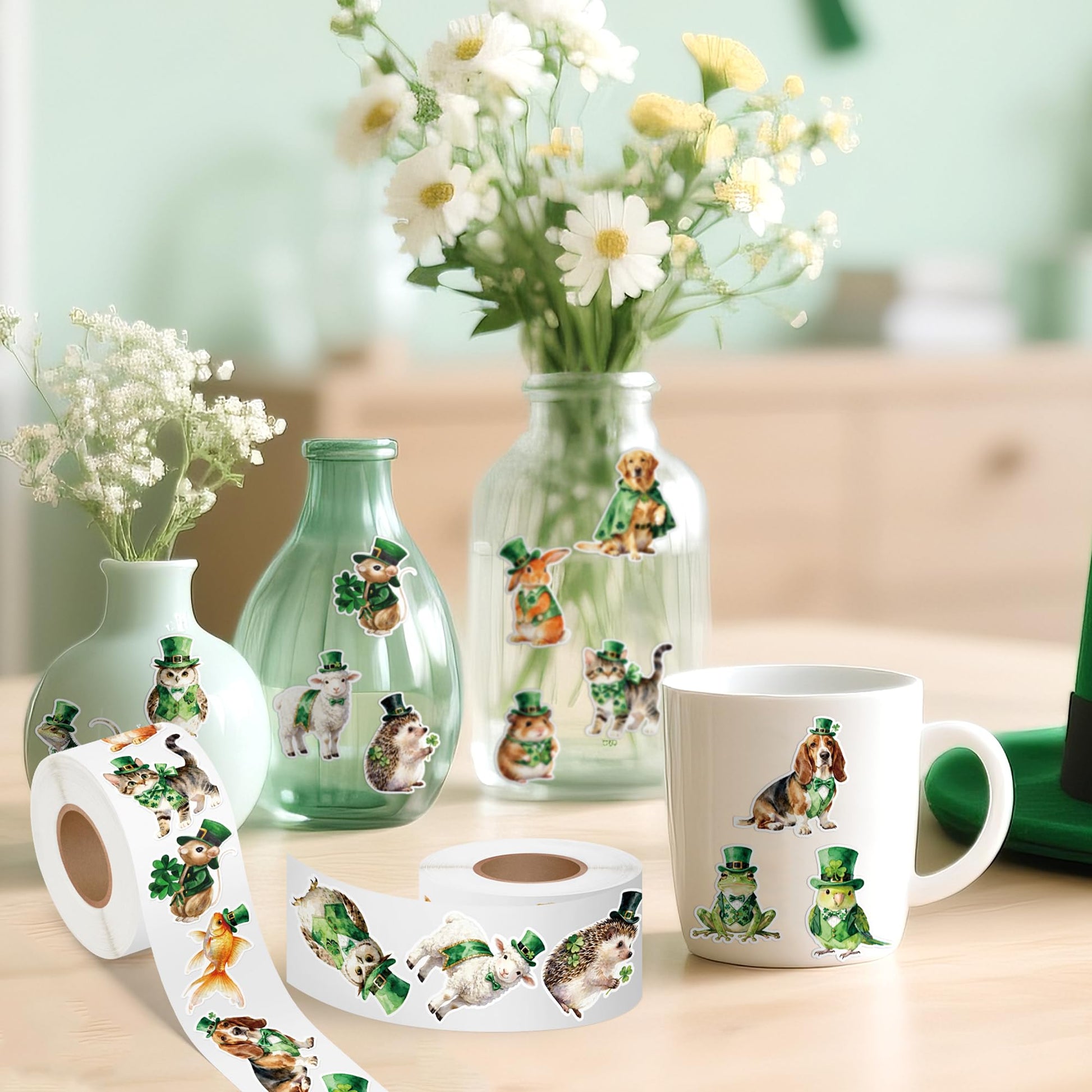 DSjuedui Easter Watercolor Animal Roll Stickers - 2000Pcs Spring Green Shamrock Dog Cat Birds Cartoon Stickers for Kids, Irish St Patrick's Day