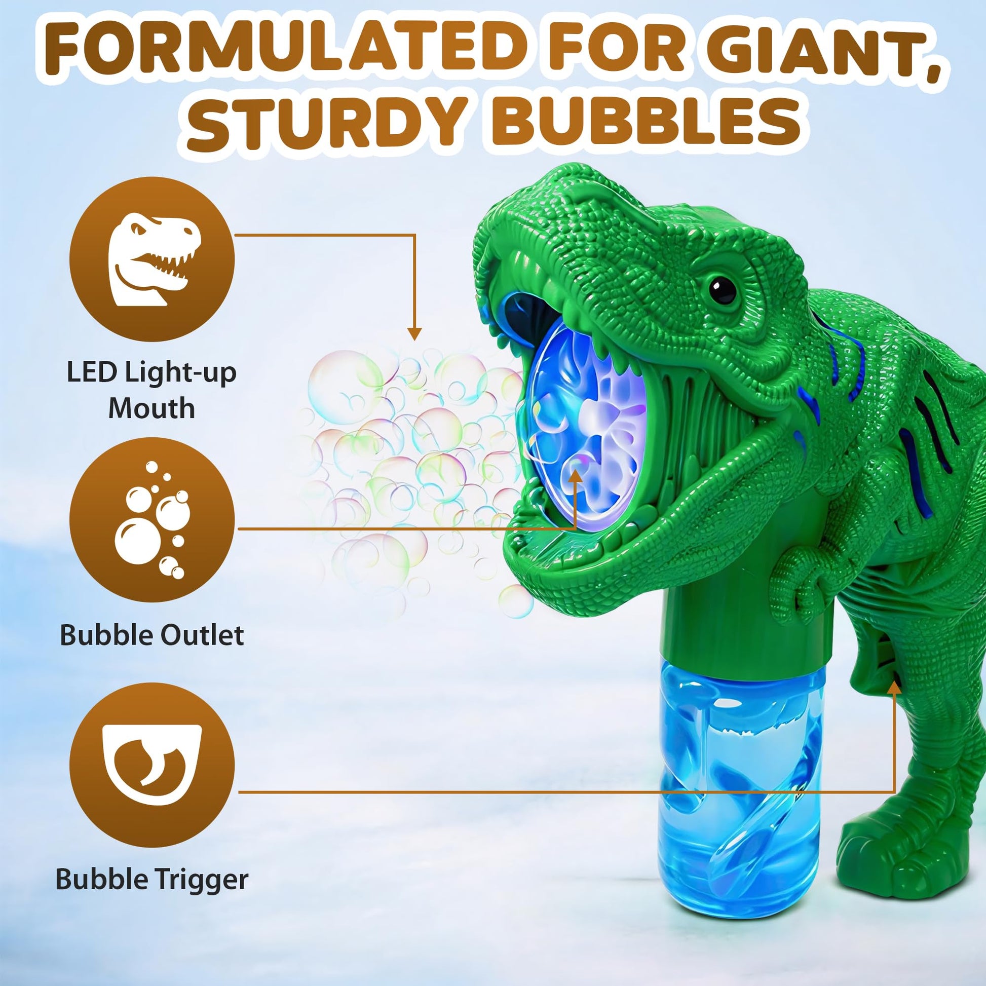 Toysery Dinosaur Bubble Machine Gun for Kids Ages 3-5, LED Dino Bubble Blaster with Music and Bubble Solution, Automatic Bubble Maker Toy, Assorted