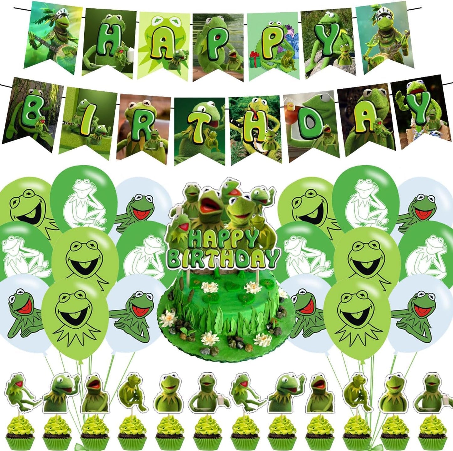Frog Party Decorations,Kermit Frog Birthday Party Supplies Includes Banner- Cake Topper - 24 Cupcake Toppers - 18 Balloons