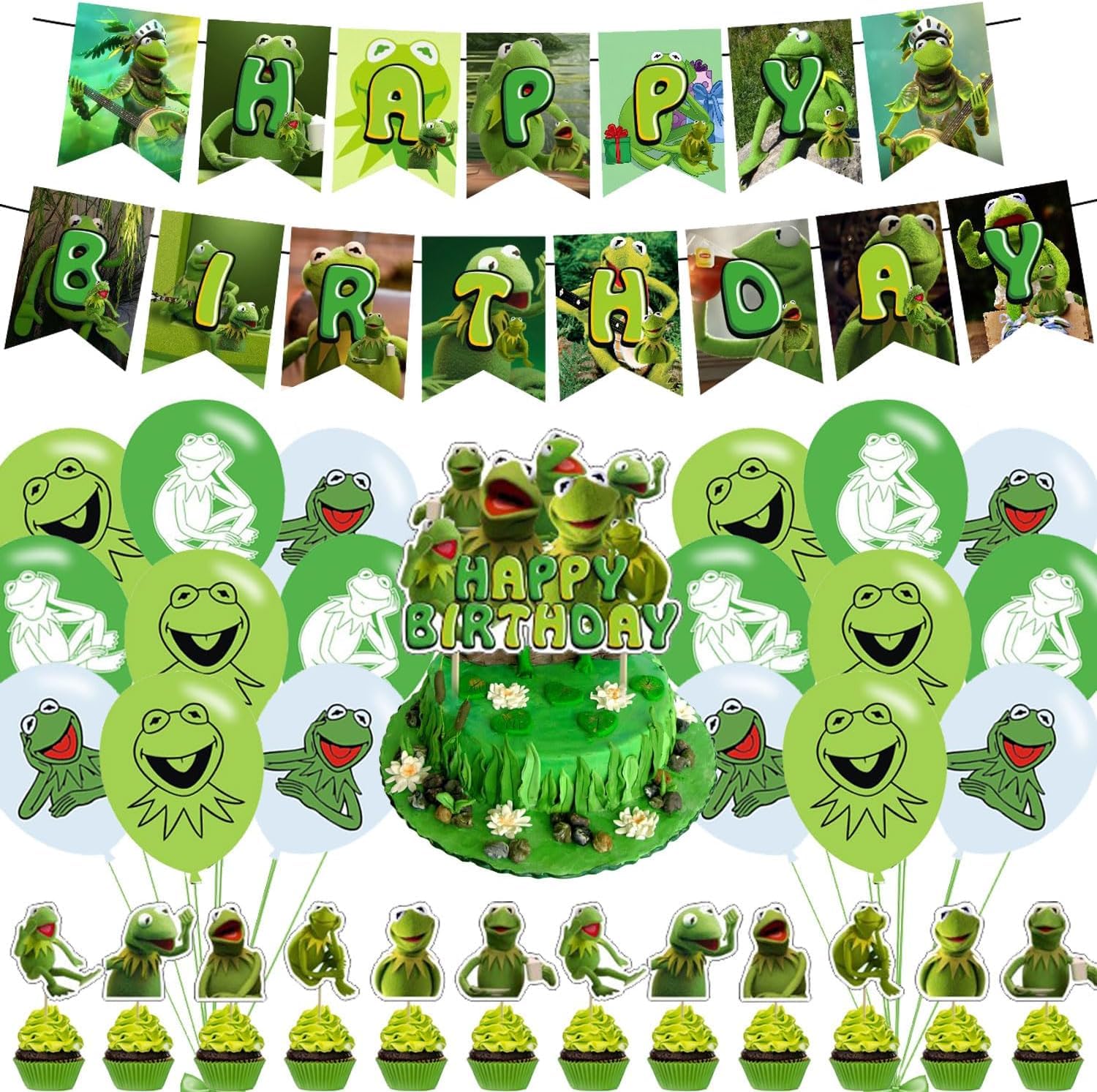 Frog Party Decorations,Kermit Frog Birthday Party Supplies Includes Banner- Cake Topper - 24 Cupcake Toppers - 18 Balloons