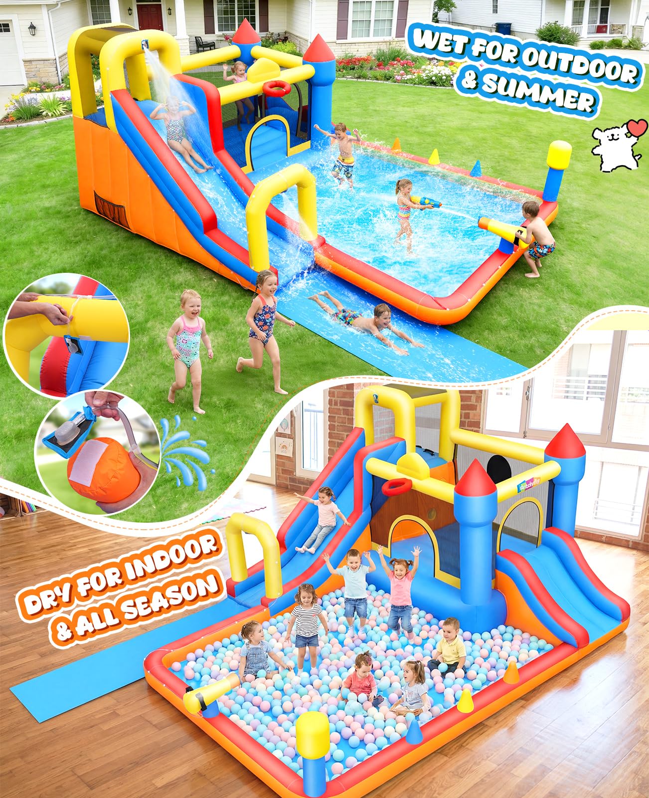 Whubefy18Ft Big Inflatable Water Slide Bounce House for Kids Backyard, 13-in-1 Large Waterslide Water Park Bouncy Castle with Extension Lawn Slip