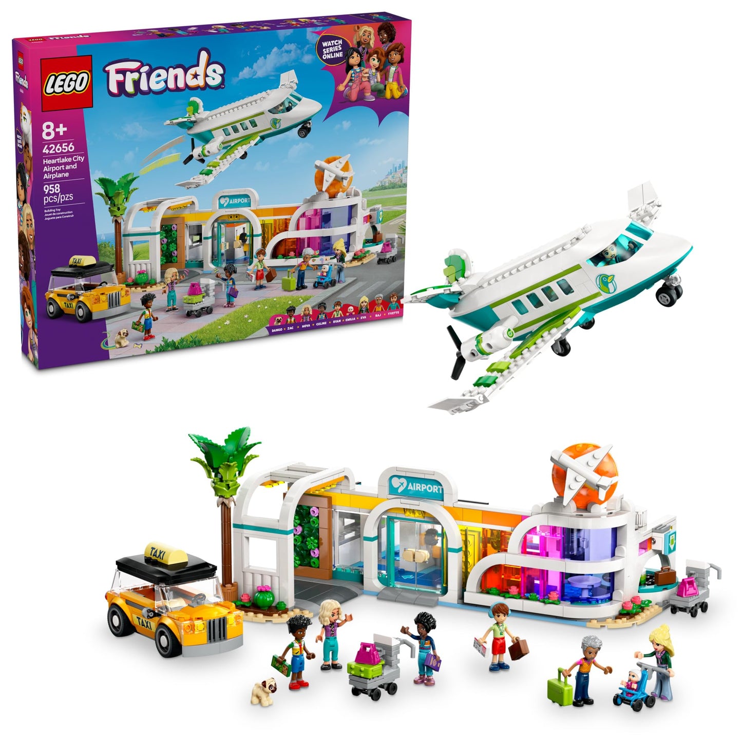 LEGO Friends Heartlake City Airport and Airplane Toy Building Set - Pretend Play for Kids, Girls and Boys, Ages 8+ - with 7 Minidolls, Taxi, Dog
