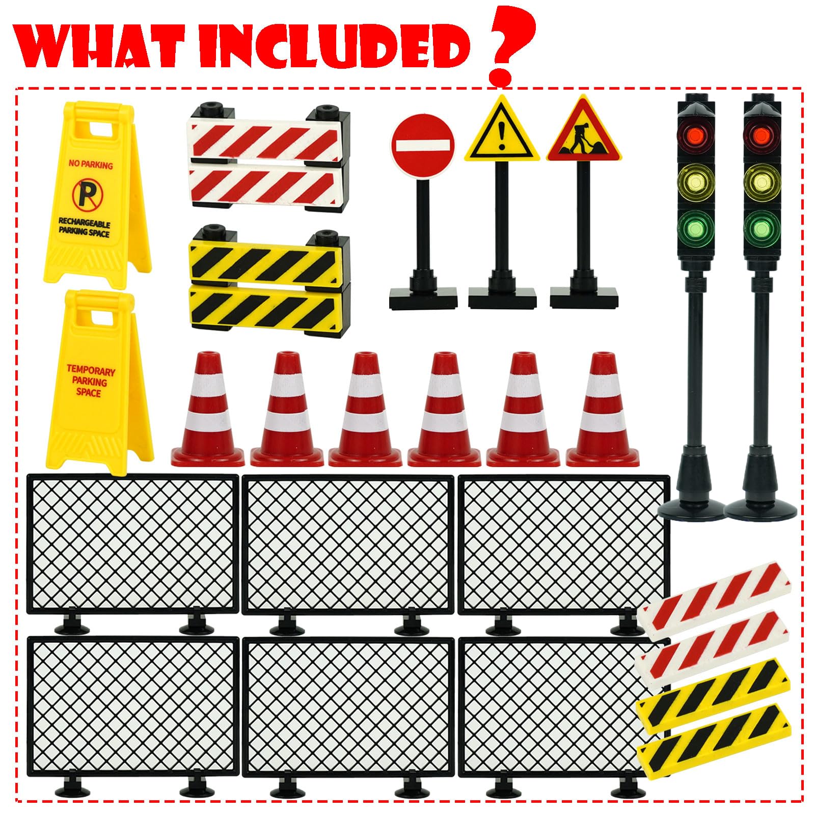 Pasacho City Road Signs Bricks Accessories, Construction Site Street Signs, Mini Traffic Cones & Crosswalk Signal Toys for Kids Building Blocks Toys