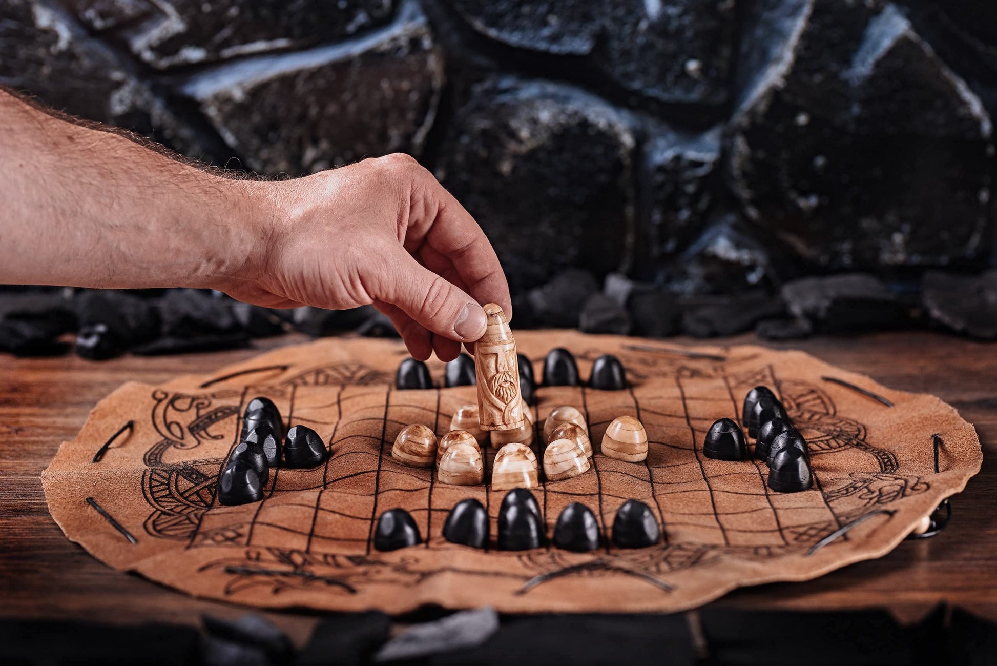 Handcrafted Viking Hnefatafl Set with 100% Genuine Ox-Bone Game Pieces and Premium Leather Game Mat - Leather Chord Tie System for Easy Store & Travel