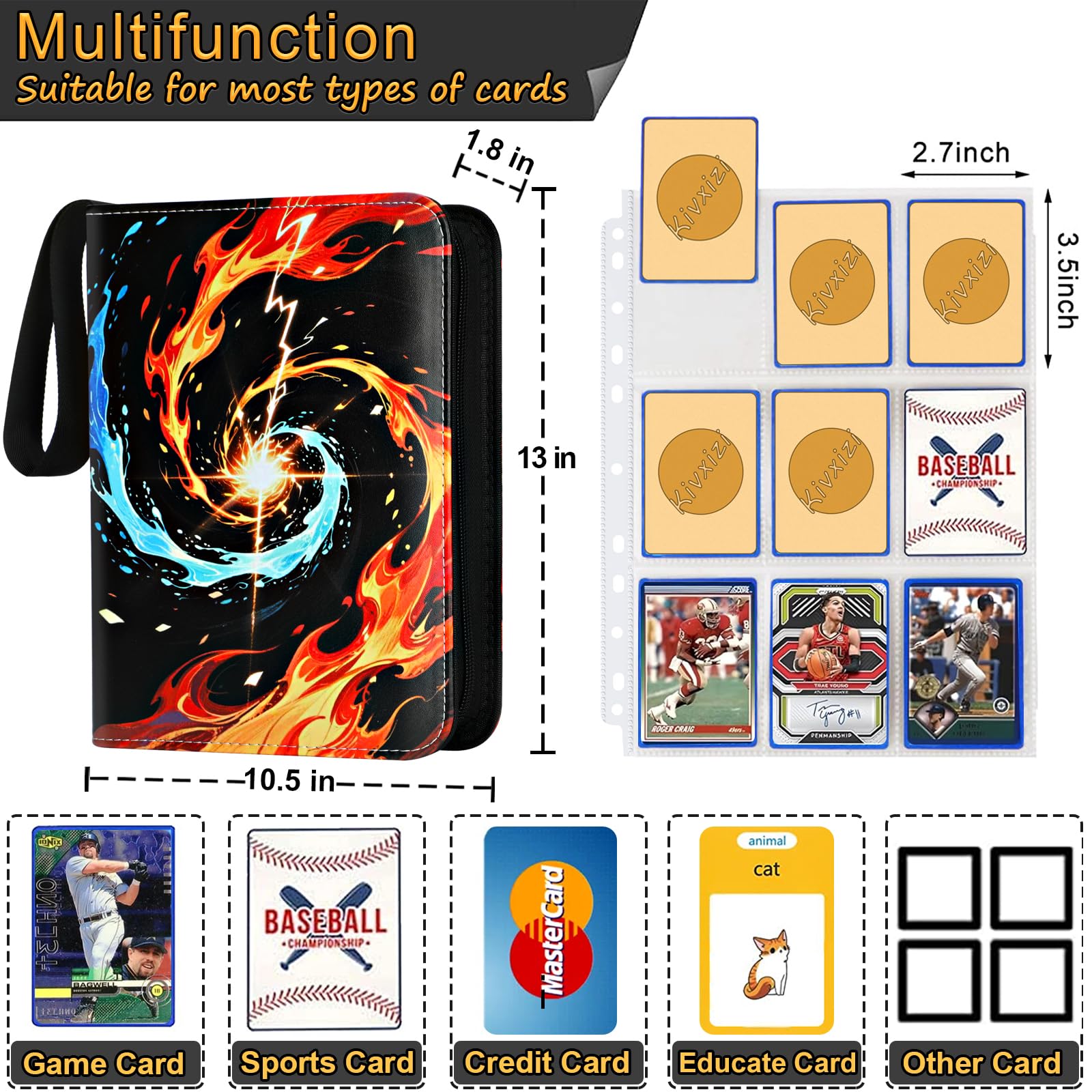 9 Pocket Card Binder for Cards, Trading Card Holder with 50 Removable Sleeves Fits 900 Cards, Creative Design Portable Zipper Card Collection Binder