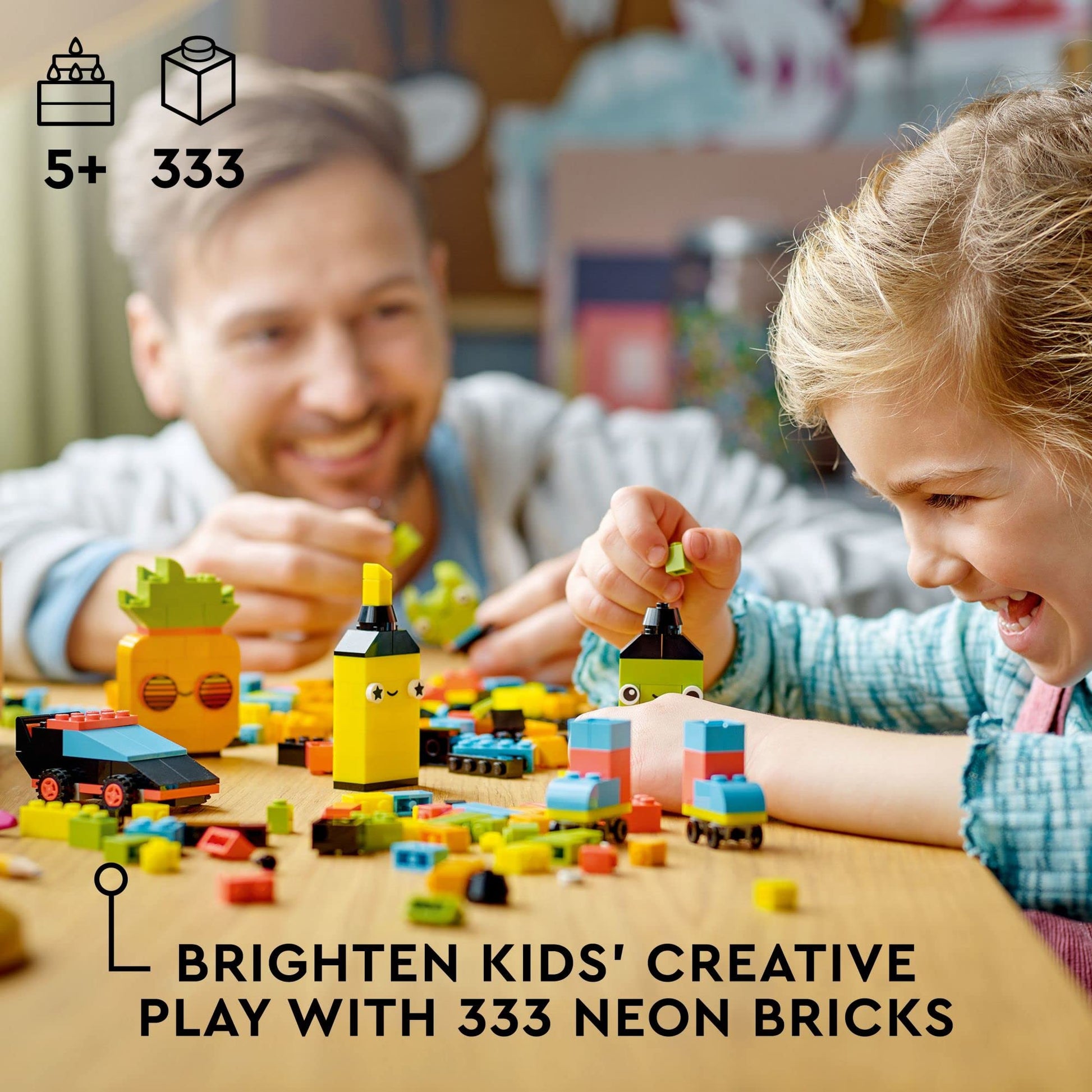 LEGO Classic Creative Neon Colors Fun Brick Box Set 11027, Building Toy to Create a Car, Pineapple, Alien, Roller Skates, and More, Hands-on Learning