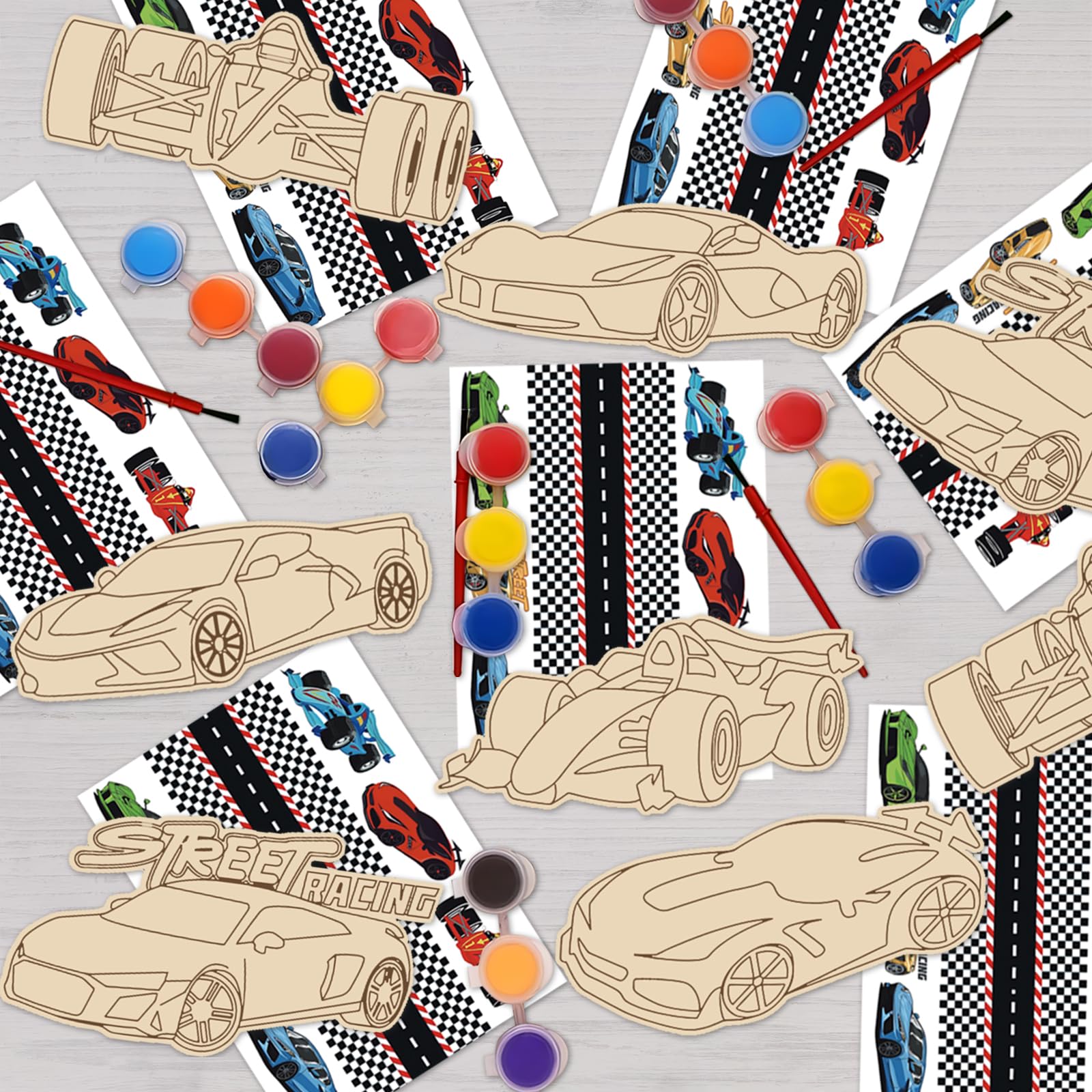 QICI Race Car Wooden Painting Kit Large Race Car Cards with Wood Painting Crafts Bulk -12 PCS Racing Birthday Party Supplies - Thank You for Coming