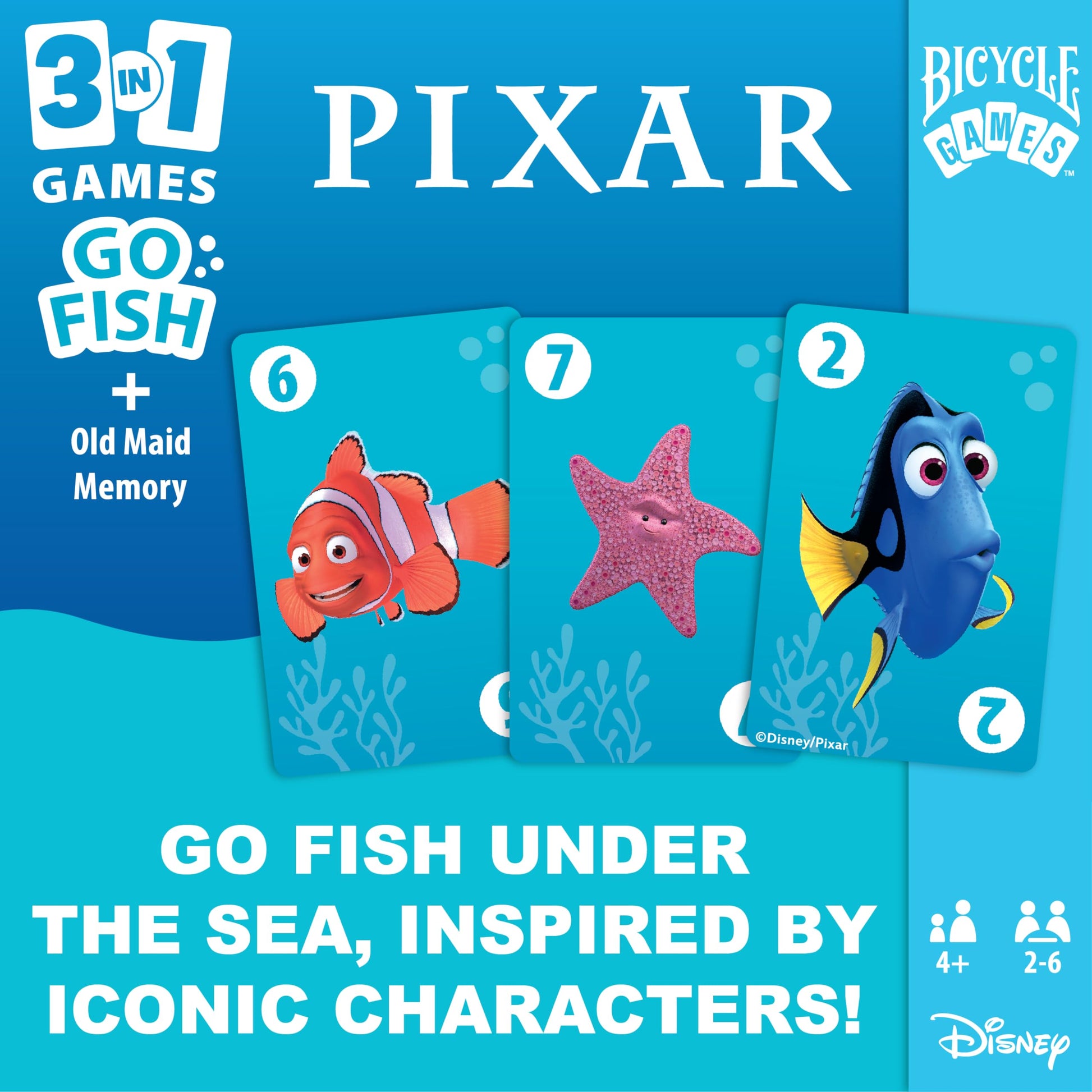 Bicycle Disney and Pixar 3-in-1 Card Games, Old Maid, Go Fish & Memory, Featuring Toy Story, Finding Nemo & Inside Out Characters, Kids Card Games
