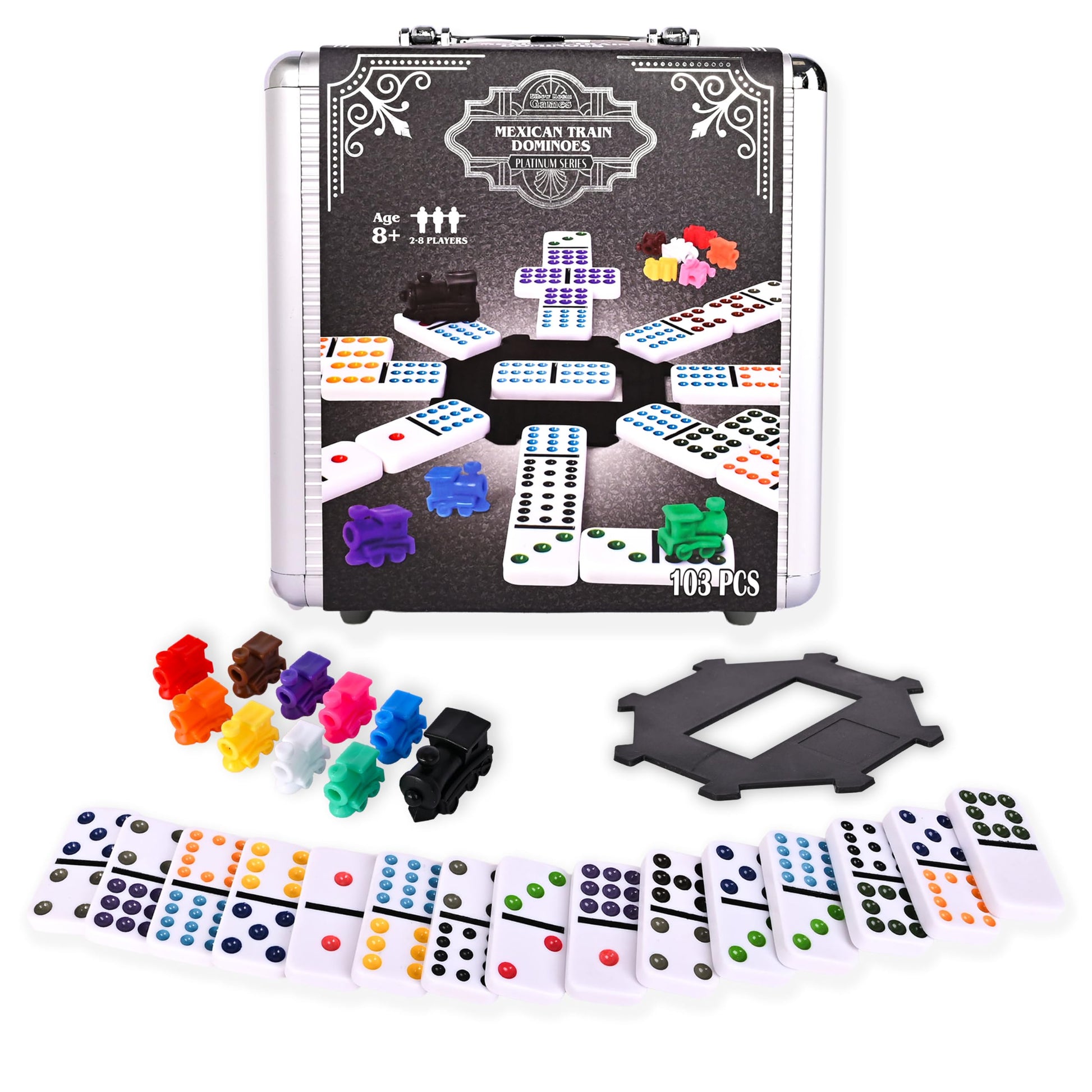 Sunny Days Entertainment Elbow Room Games Mexican Train Dominoes Set - Double 12 Color Dot Dominos Game with Tin Case & Hub for Family Fun